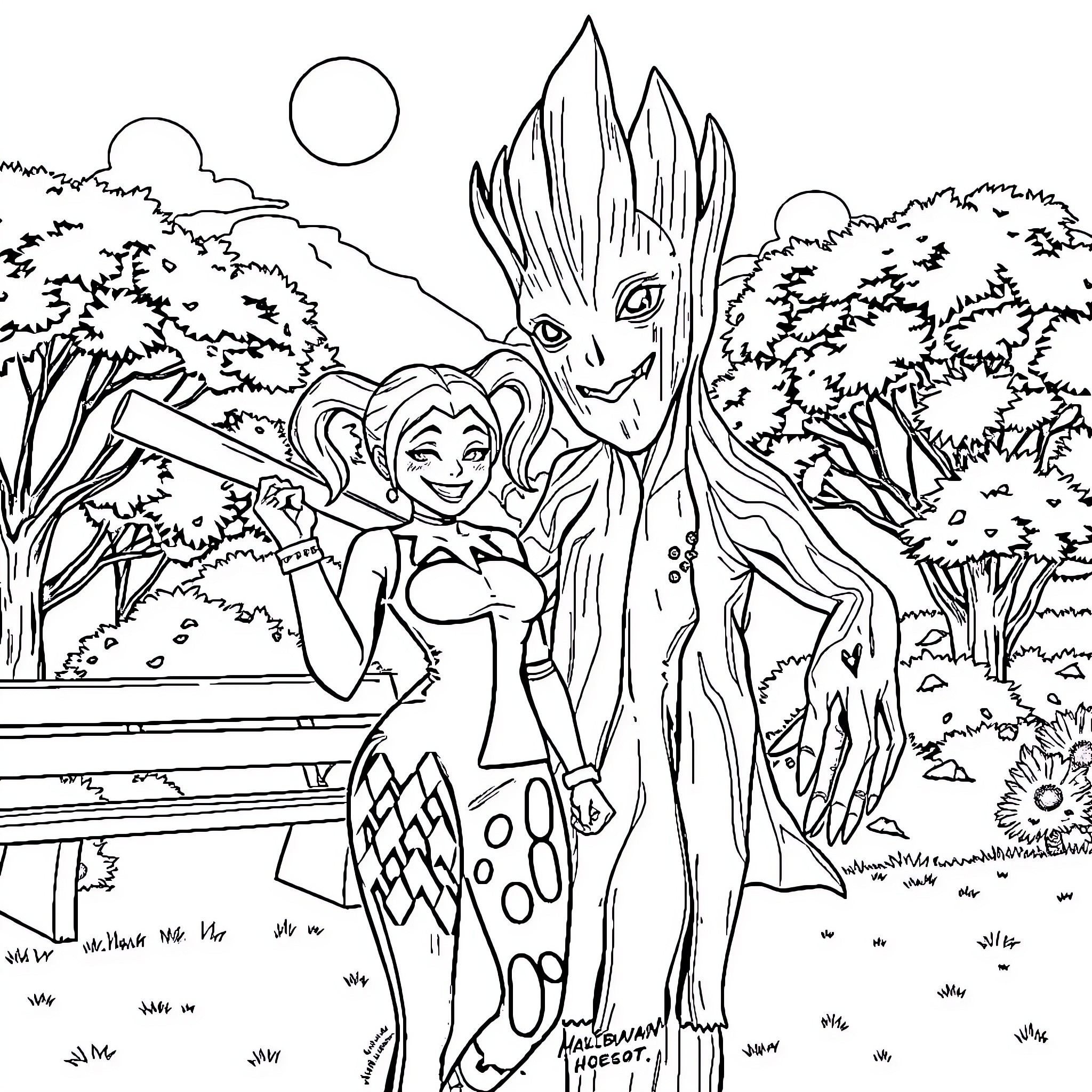 Harley Quinn and Groot exploring the outdoors Coloring Page (free black-and-white line drawing printable PDF for all, from beginners to advanced learners, including children, teens, adults, and seniors)
