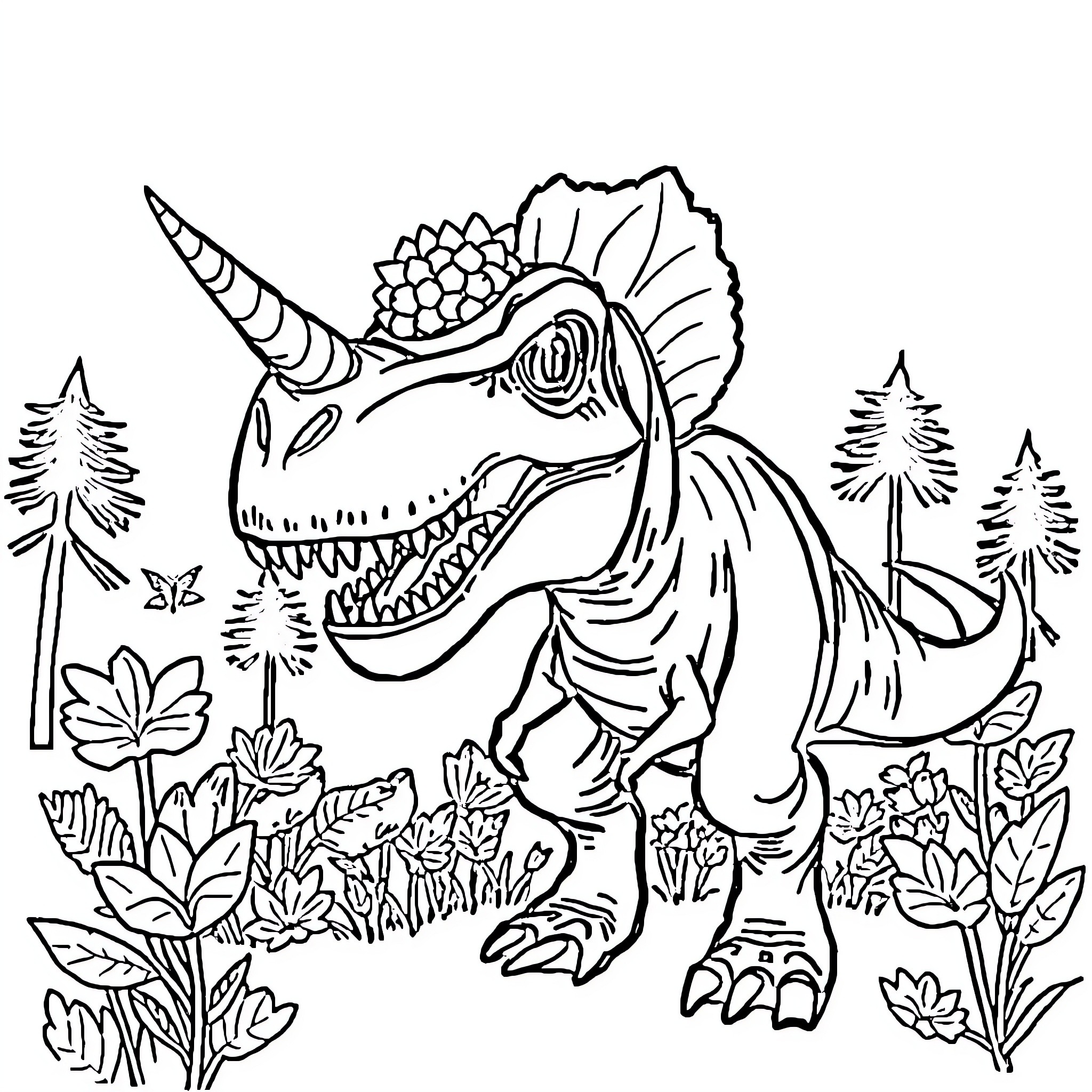 Dinosaur menacing in the forest Coloring Page (free black-and-white line drawing printable PDF for all, from beginners to advanced learners, including children, teens, adults, and seniors)