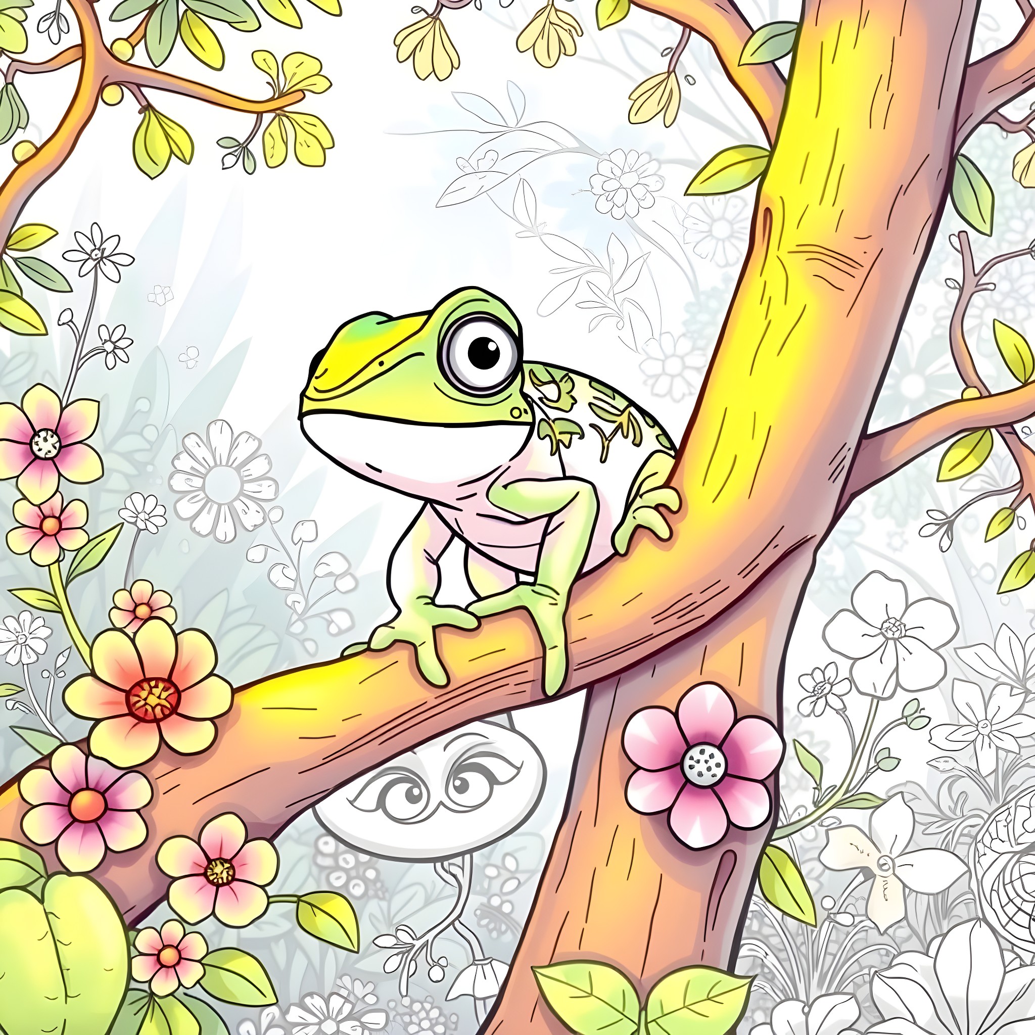 Pascal's Floral Adventure in the Enchanted Forest Coloring Page (free black-and-white line drawing printable PDF for all, from beginners to advanced learners, including children, teens, adults, and seniors)