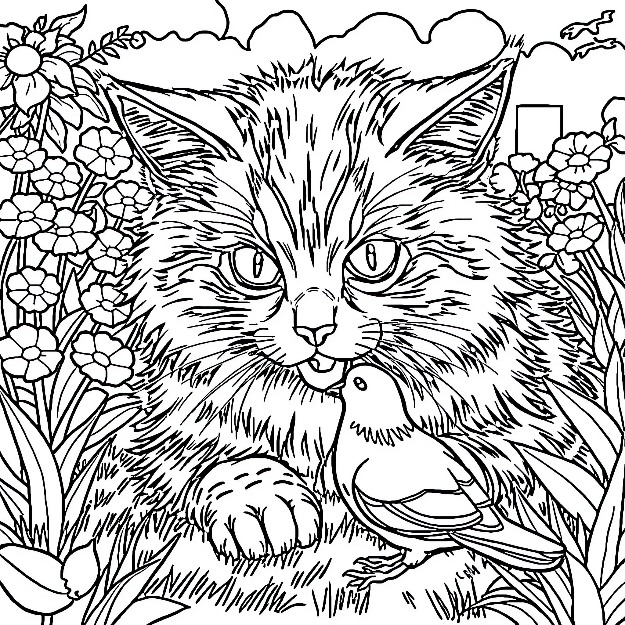 Cat surrounded by flowers and nature Coloring Page (free black-and-white line drawing printable PDF for all, from beginners to advanced learners, including children, teens, adults, and seniors)
