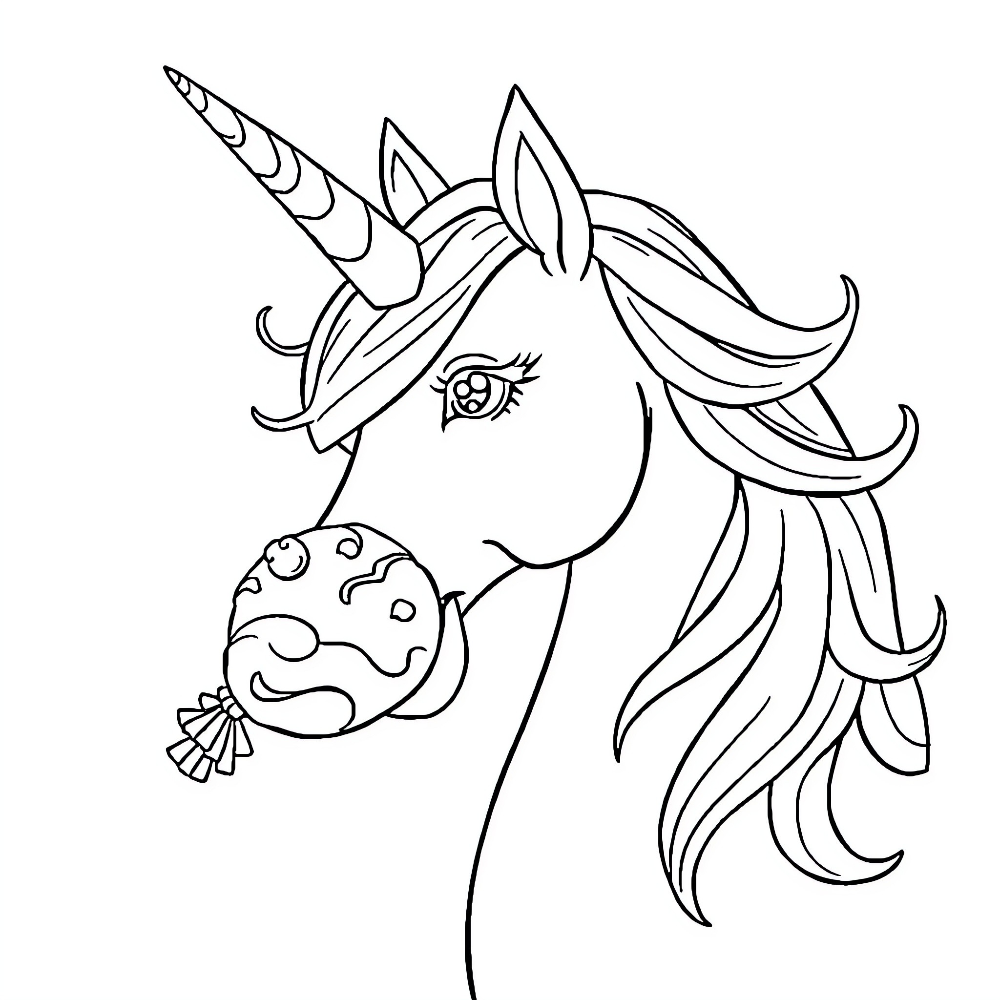 Unicorn blowing magical bubbles with a whimsical expression Coloring Page (free black-and-white line drawing printable PDF for all, from beginners to advanced learners, including children, teens, adults, and seniors)