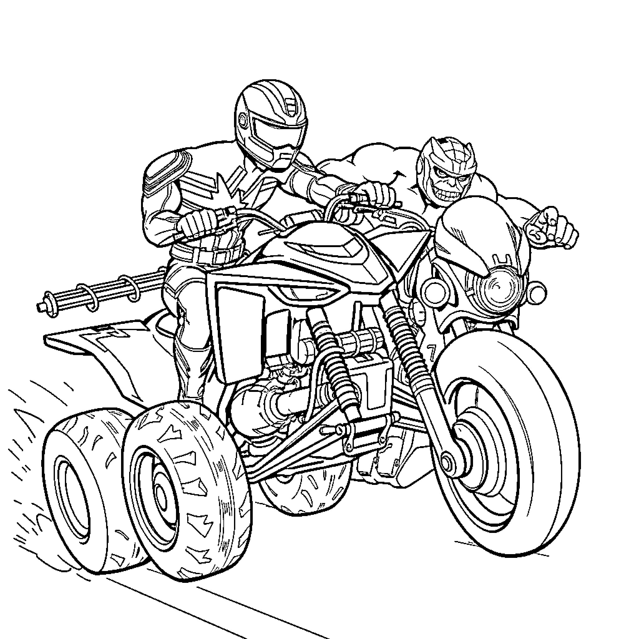 Captain Marvel Teammates Racing on Motorcycles Coloring Page (free black-and-white line drawing printable PDF for all, from beginners to advanced learners, including children, teens, adults, and seniors)
