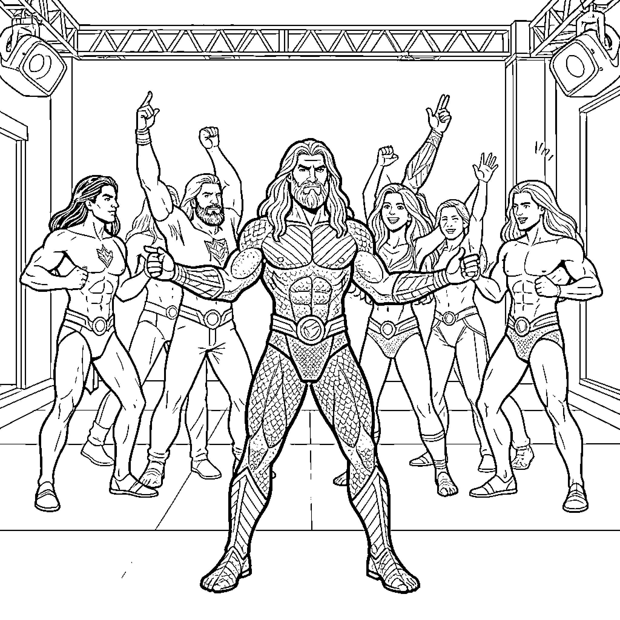 Aquaman and heroes posing together in a celebratory group scene Coloring Page (free black-and-white line drawing printable PDF for all, from beginners to advanced learners, including children, teens, adults, and seniors)
