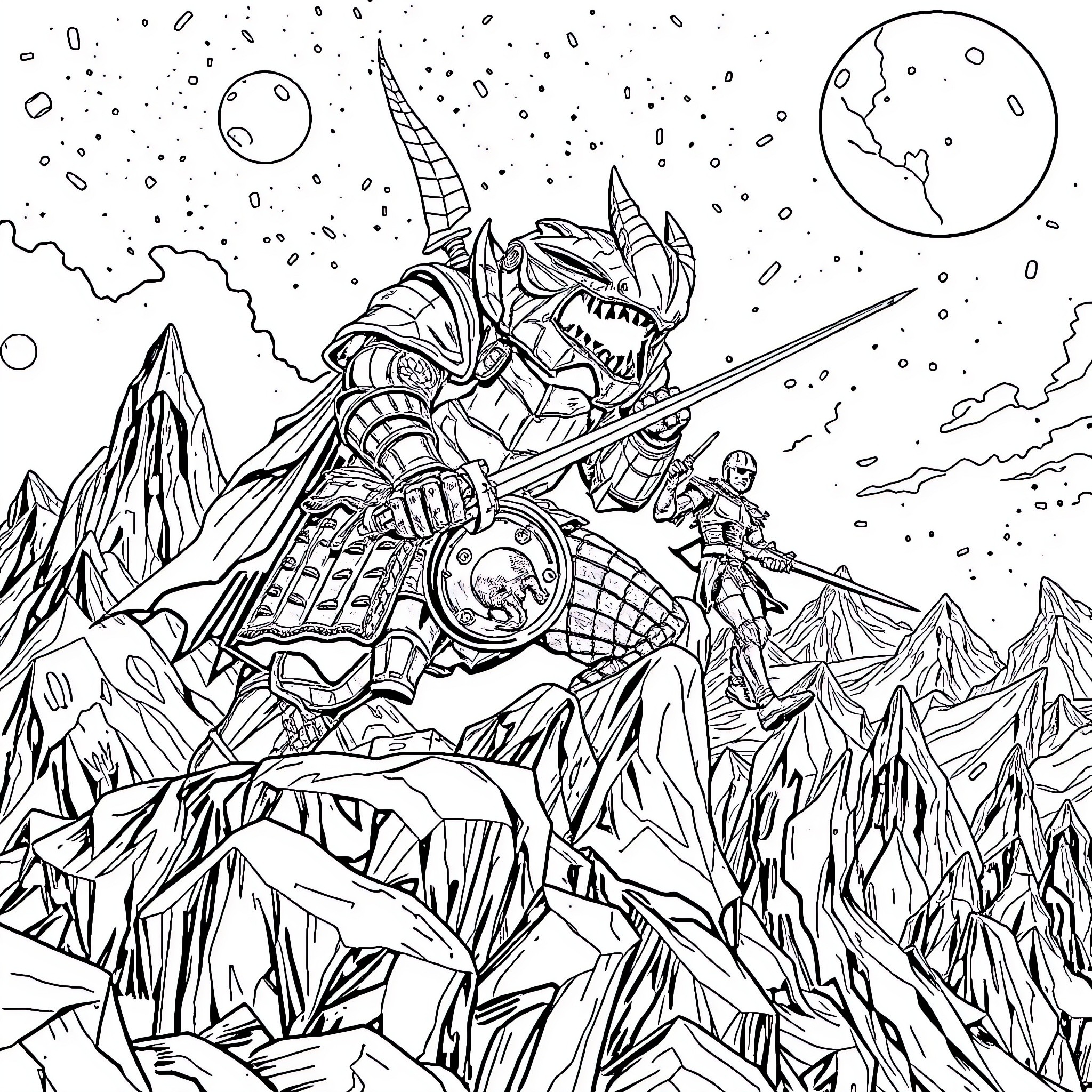 Knight Riding Fierce Armored Beast in Fantastical Landscape Coloring Page (free black-and-white line drawing printable PDF for all, from beginners to advanced learners, including children, teens, adults, and seniors)