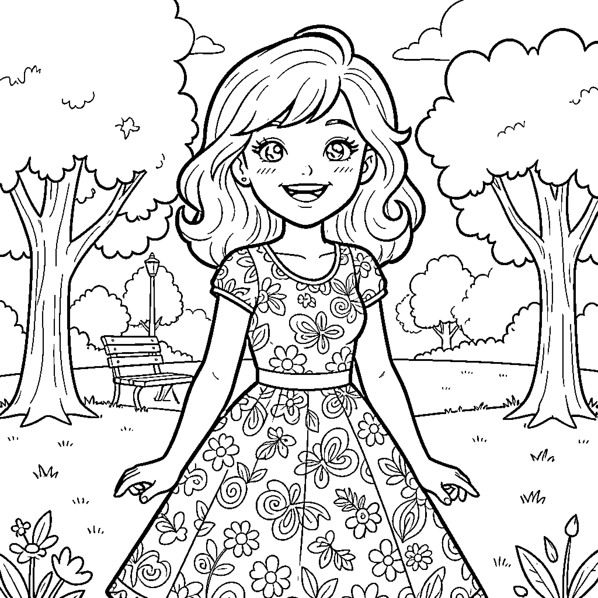 Betty enjoys the flowers and nature in the park Coloring Page (free black-and-white line drawing printable PDF for all, from beginners to advanced learners, including children, teens, adults, and seniors)