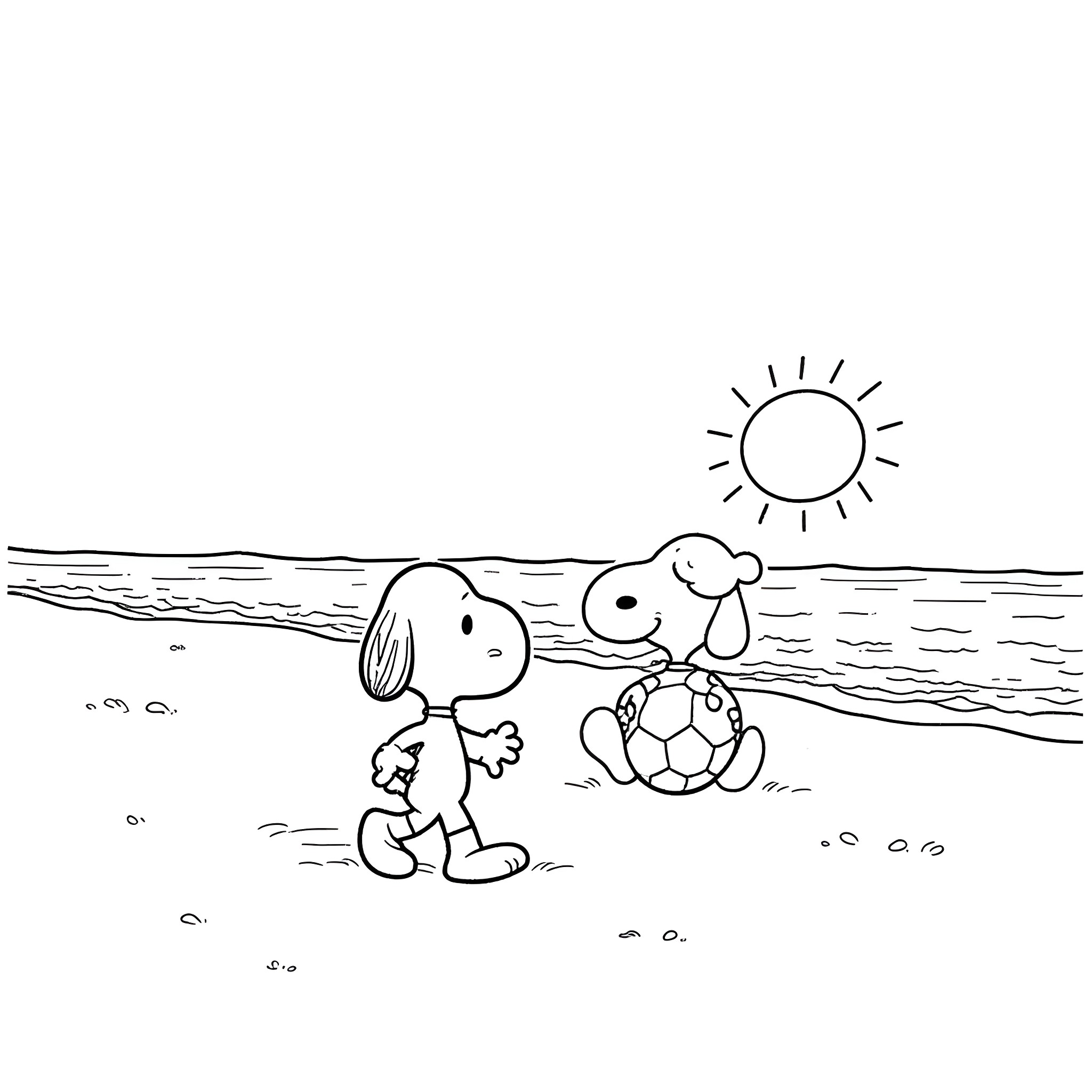 Snoopy and Woodstock playing on the beach Coloring Page (free black-and-white line drawing printable PDF for all, from beginners to advanced learners, including children, teens, adults, and seniors)