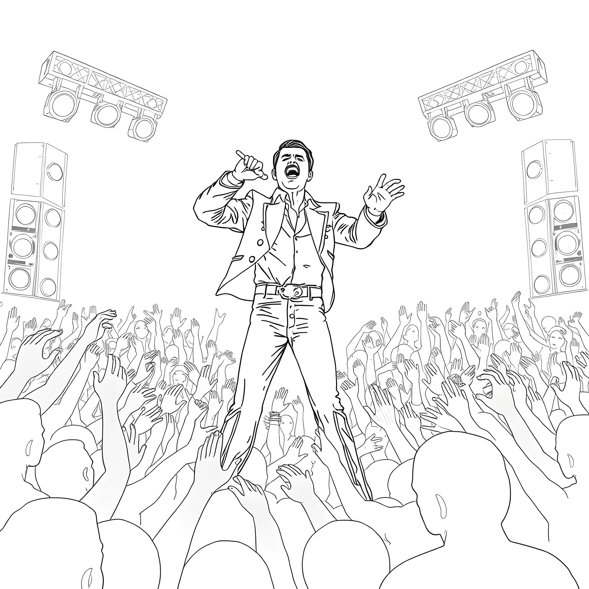 Freddie Mercury performing on stage with adoring crowd Coloring Page (free black-and-white line drawing printable PDF for all, from beginners to advanced learners, including children, teens, adults, and seniors)