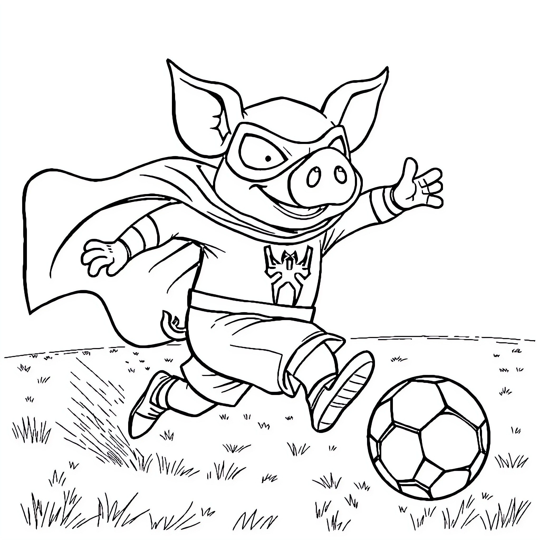 Spider-Ham playing soccer in the field Coloring Page (free black-and-white line drawing printable PDF for all, from beginners to advanced learners, including children, teens, adults, and seniors)