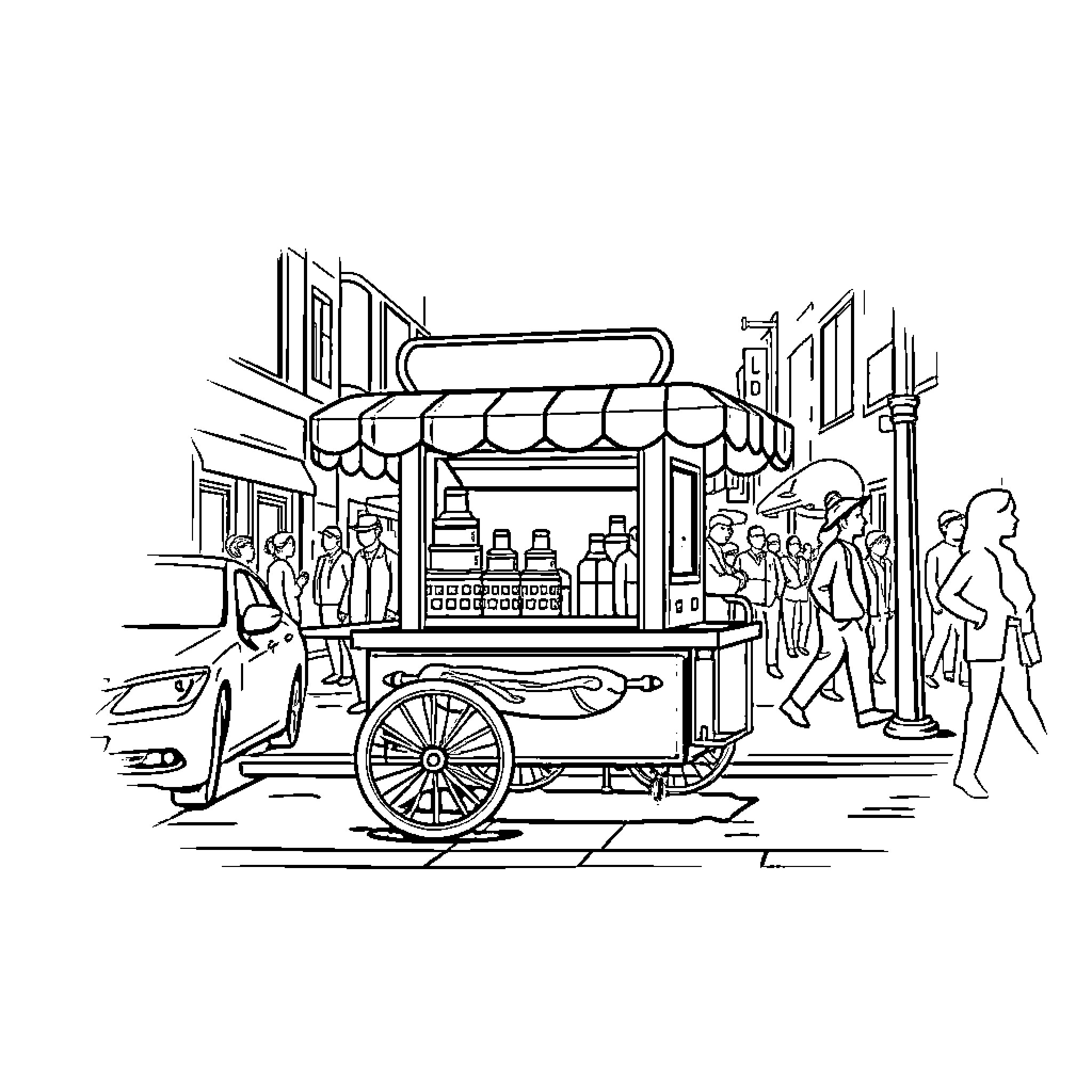 Hot Dog Car Serving Crowds on City Street Coloring Page (free black-and-white line drawing printable PDF for all, from beginners to advanced learners, including children, teens, adults, and seniors)