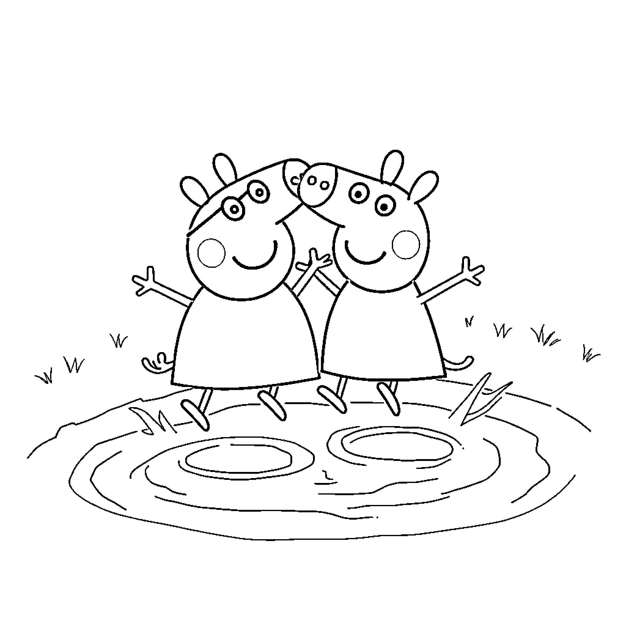 Peppa Pig sisters playing happily in the mud Coloring Page (free black-and-white line drawing printable PDF for all, from beginners to advanced learners, including children, teens, adults, and seniors)