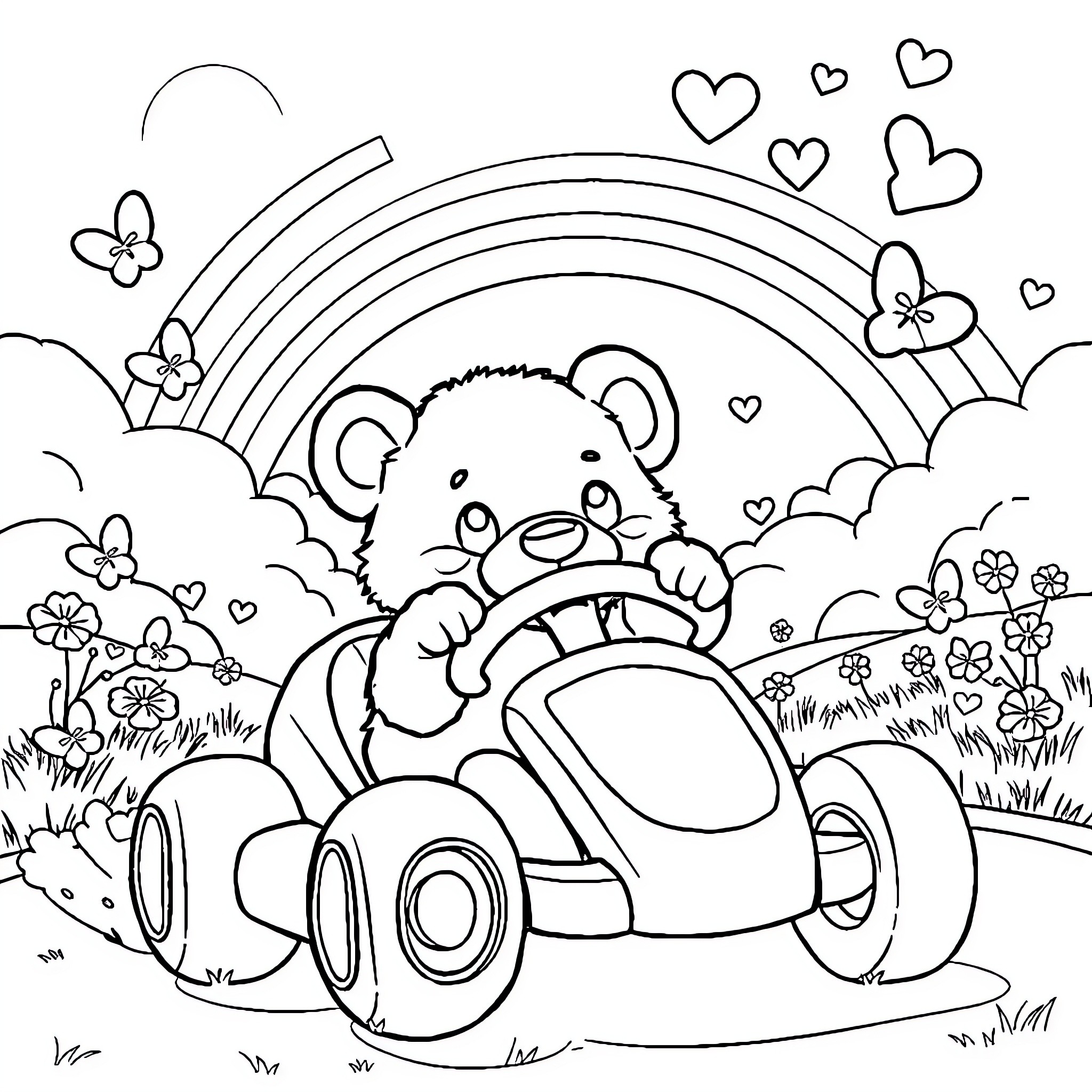 Paw Playful Bear Driving Car with Rainbow Coloring Page (free black-and-white line drawing printable PDF for all, from beginners to advanced learners, including children, teens, adults, and seniors)