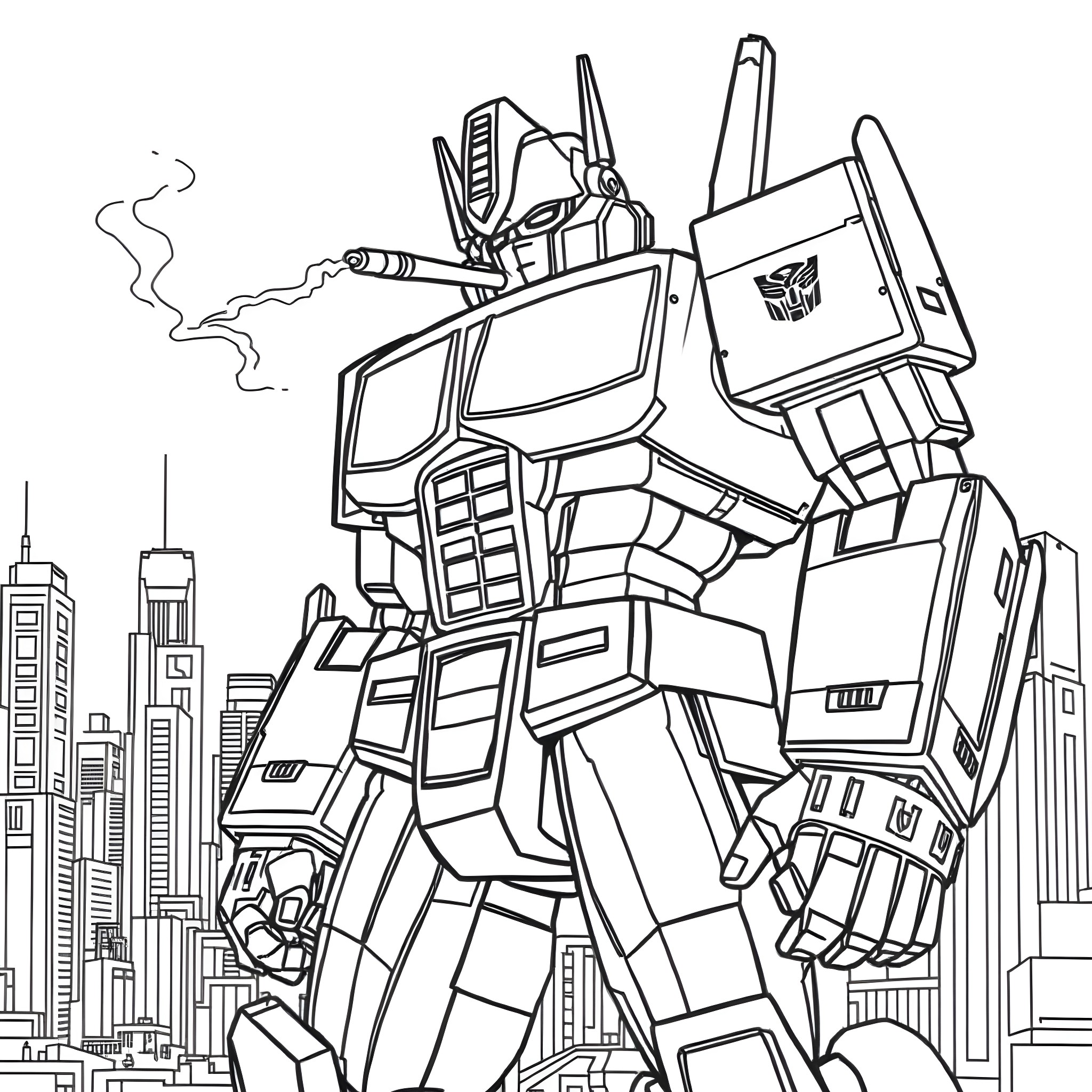 Optimus Prime towering over the city Coloring Page (free black-and-white line drawing printable PDF for all, from beginners to advanced learners, including children, teens, adults, and seniors)