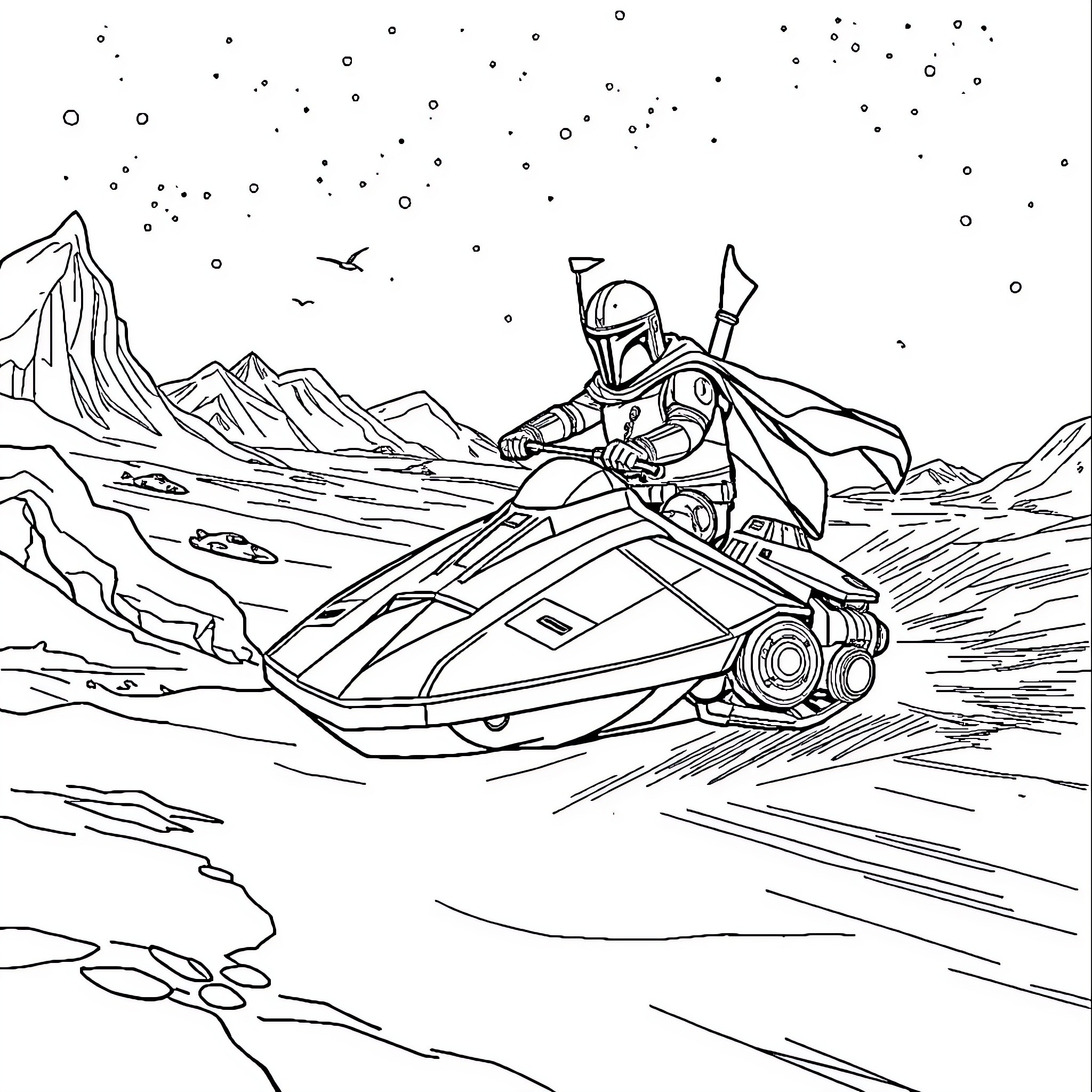 Speeder Bike Rider Traversing Alien Landscape Coloring Page (free black-and-white line drawing printable PDF for all, from beginners to advanced learners, including children, teens, adults, and seniors)