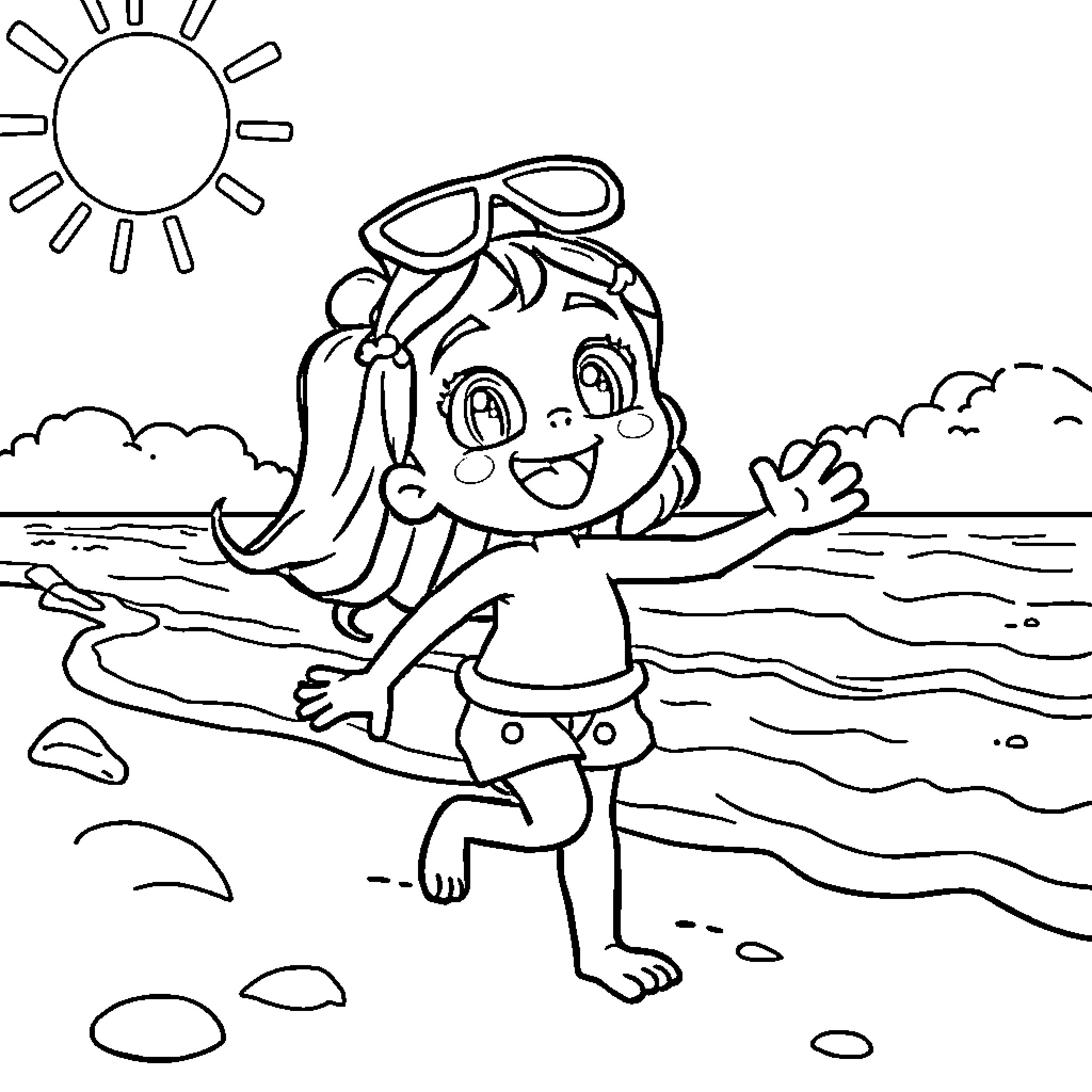 Jadoo's Joyful Summer by the Beach Coloring Page (free black-and-white line drawing printable PDF for all, from beginners to advanced learners, including children, teens, adults, and seniors)