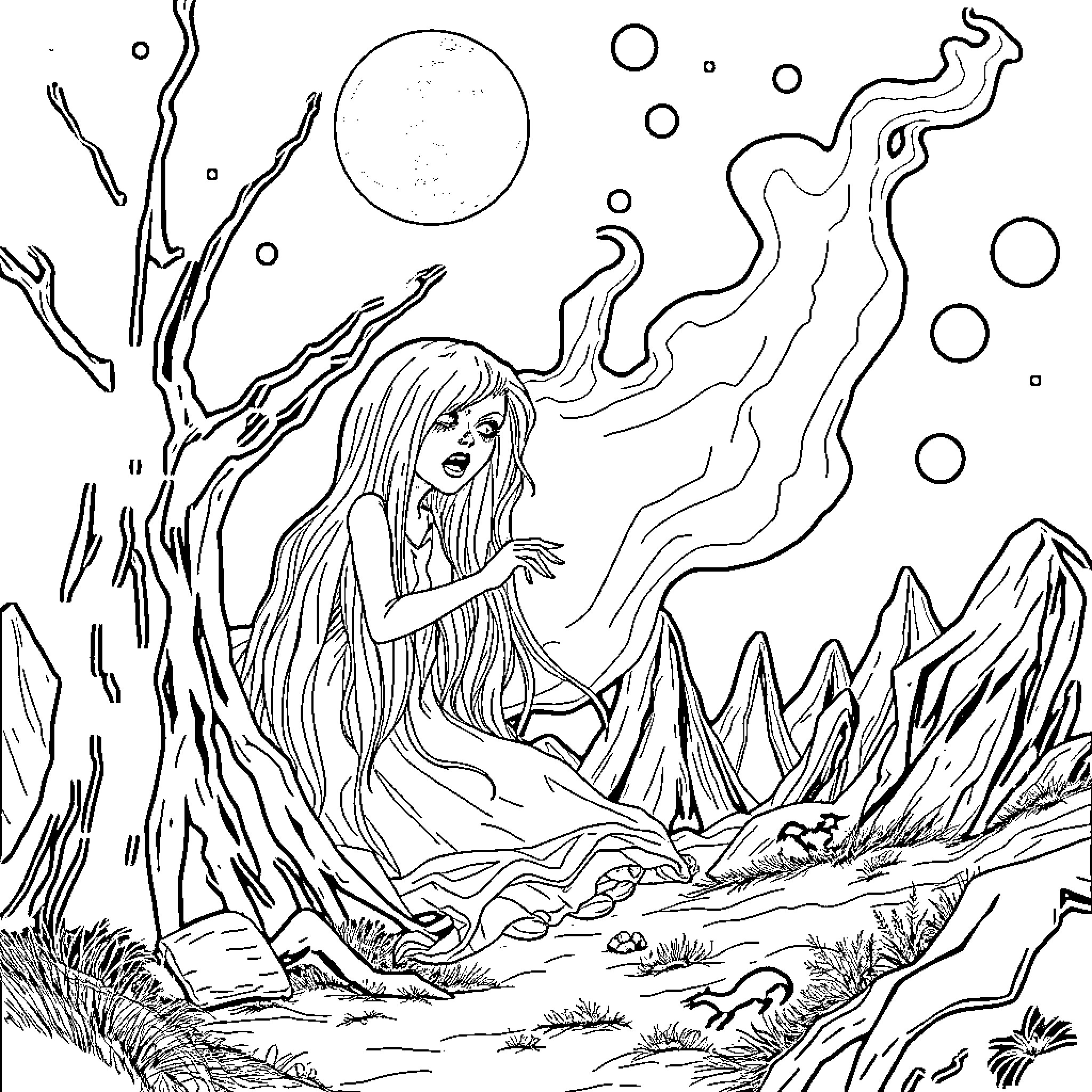 Shego's Ethereal Encounter in the Otherworldly Landscape Coloring Page (free black-and-white line drawing printable PDF for all, from beginners to advanced learners, including children, teens, adults, and seniors)