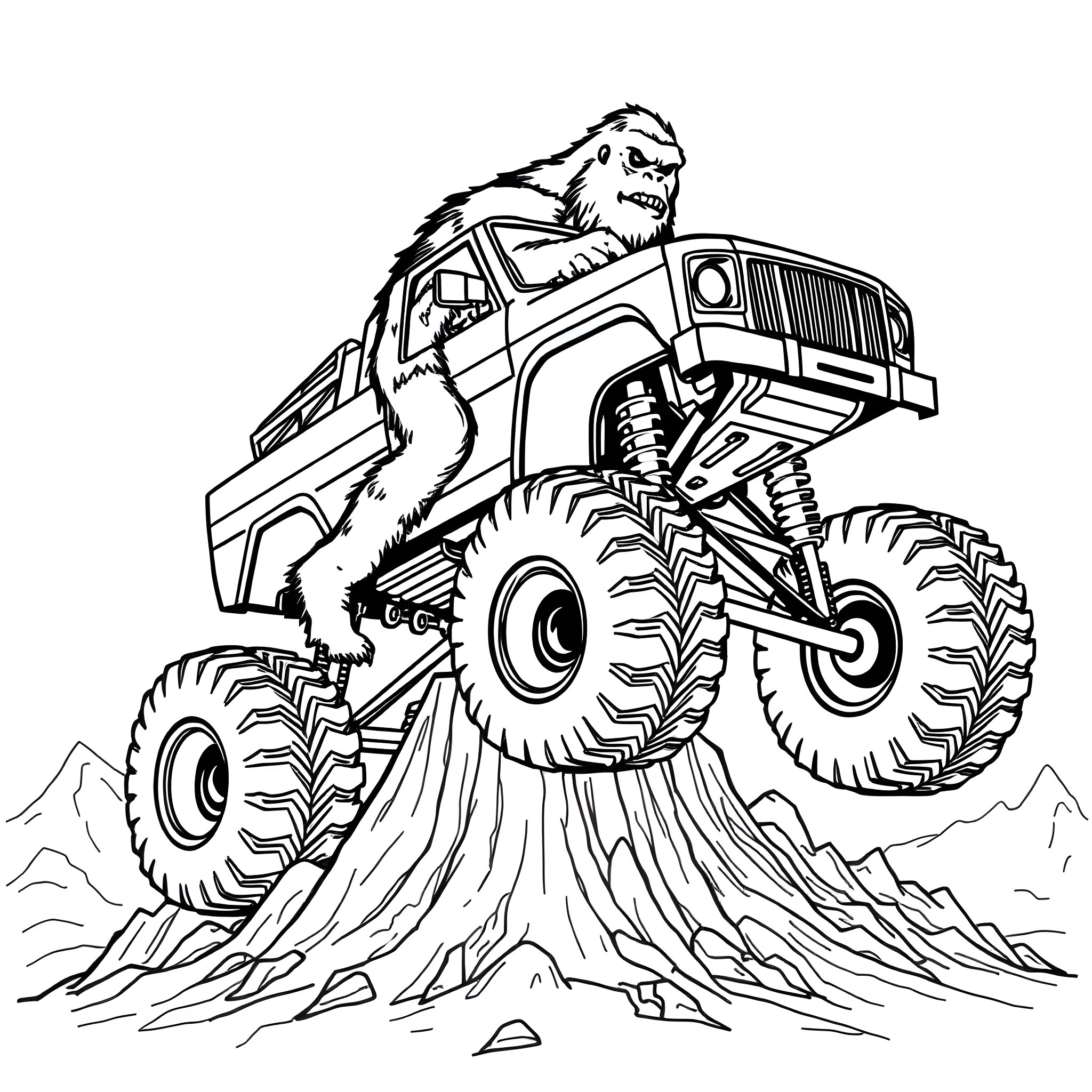 Monster Truck Crushing Rocks in the Mountains Coloring Page (free black-and-white line drawing printable PDF for all, from beginners to advanced learners, including children, teens, adults, and seniors)