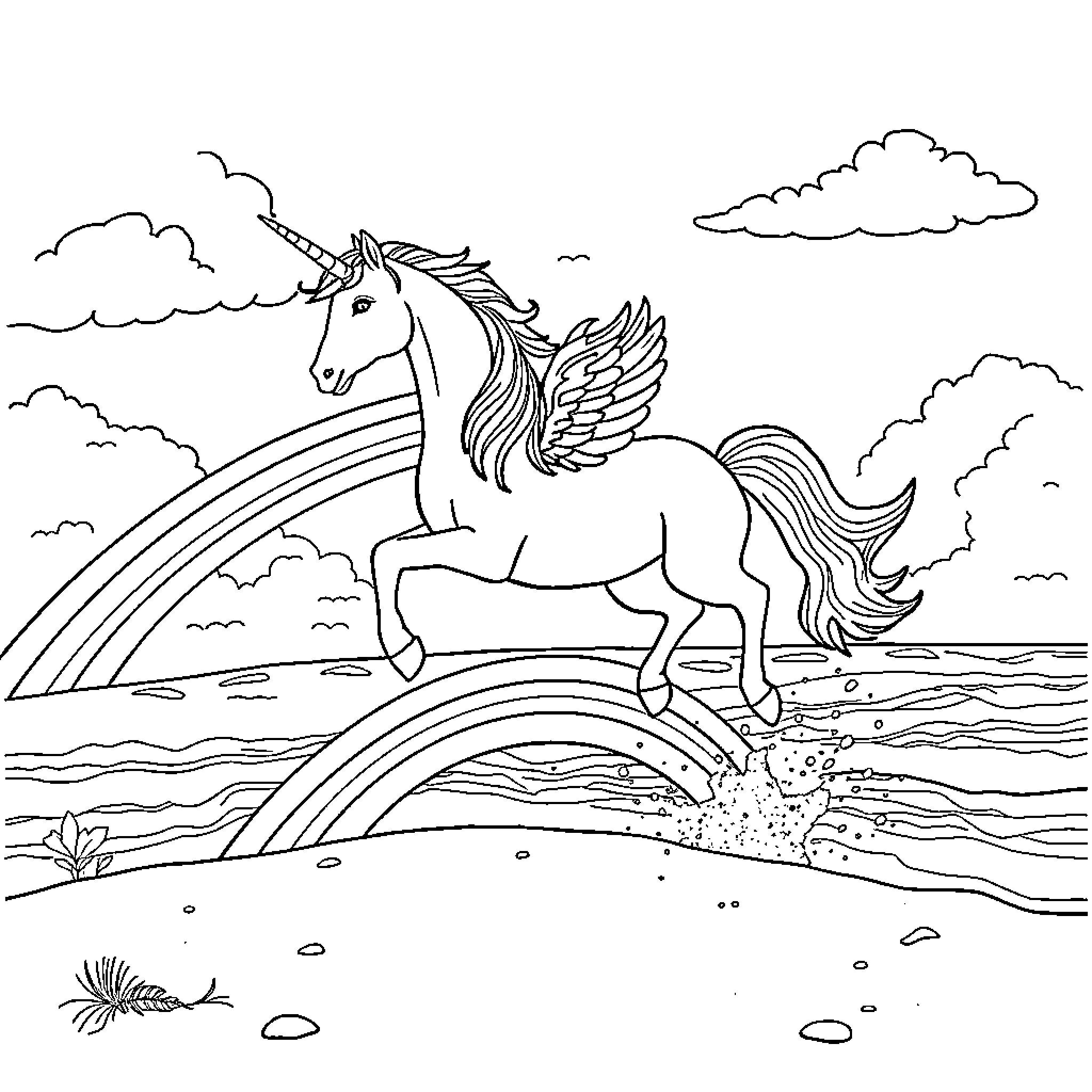 Alicorn frolicking in a magical landscape Coloring Page (free black-and-white line drawing printable PDF for all, from beginners to advanced learners, including children, teens, adults, and seniors)