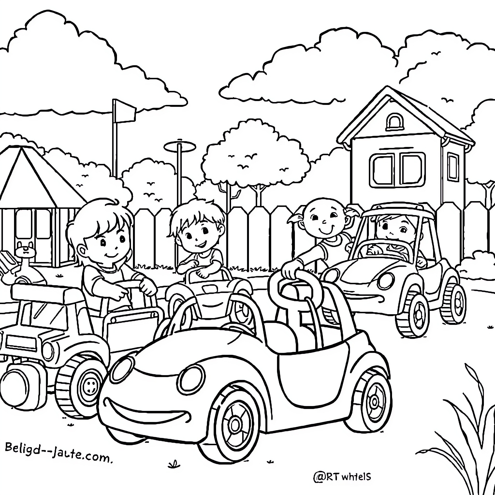 Car Fun Time with Friends Outdoors Coloring Page (free black-and-white line drawing printable PDF for all, from beginners to advanced learners, including children, teens, adults, and seniors)