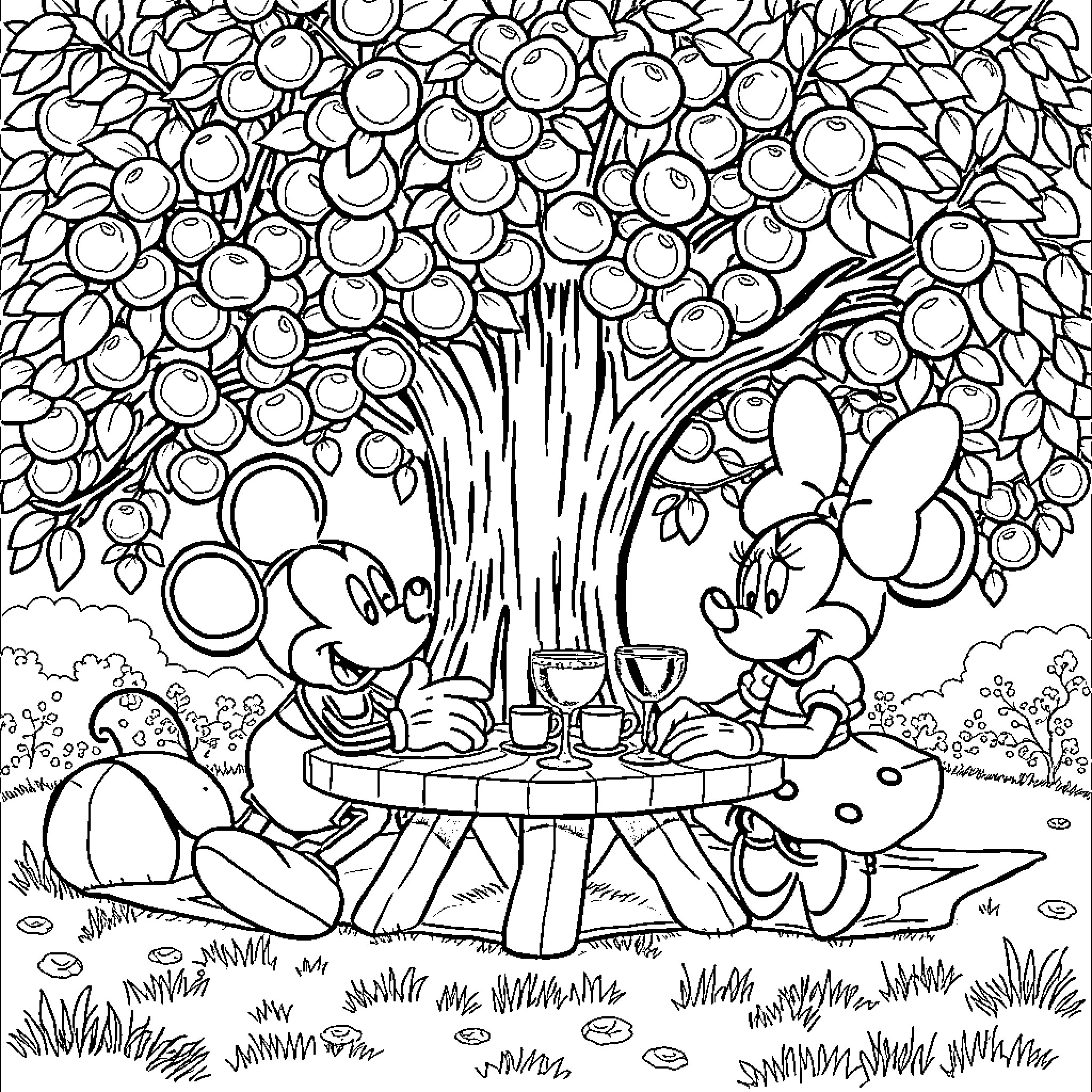 Mickey Mouse and Minnie Mouse enjoying a picnic under a fruit tree Coloring Page (free black-and-white line drawing printable PDF for all, from beginners to advanced learners, including children, teens, adults, and seniors)