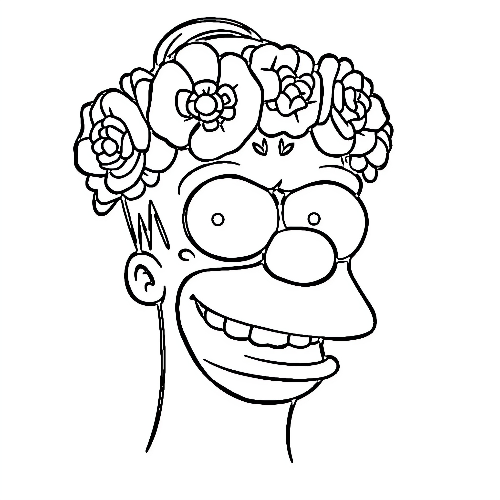 Homer Simpson wearing a floral wreath Coloring Page (free black-and-white line drawing printable PDF for all, from beginners to advanced learners, including children, teens, adults, and seniors)