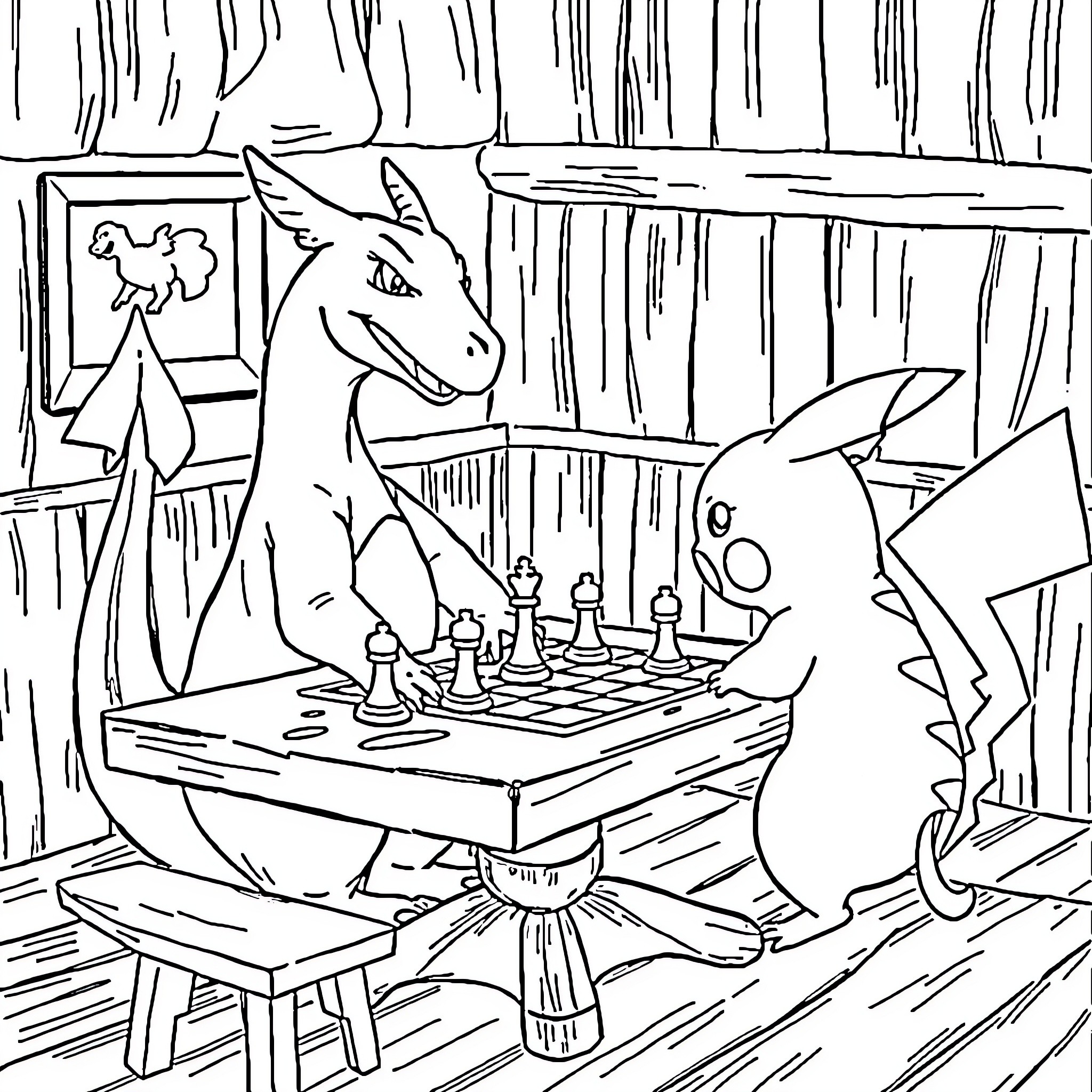 Charizard and Pikachu playing chess in the forest Coloring Page (free black-and-white line drawing printable PDF for all, from beginners to advanced learners, including children, teens, adults, and seniors)