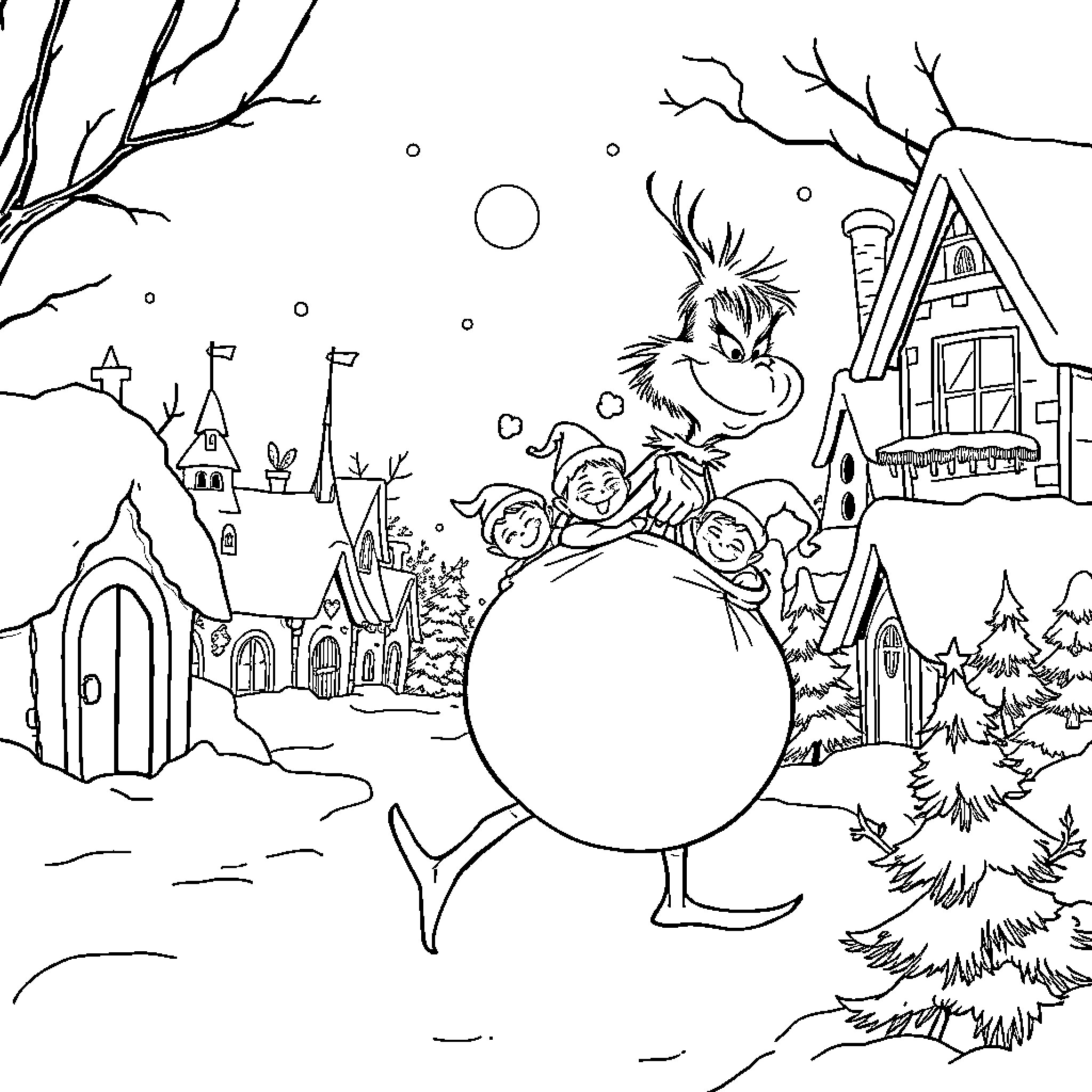 Grinch rolls snowball through festive winter town Coloring Page (free black-and-white line drawing printable PDF for all, from beginners to advanced learners, including children, teens, adults, and seniors)