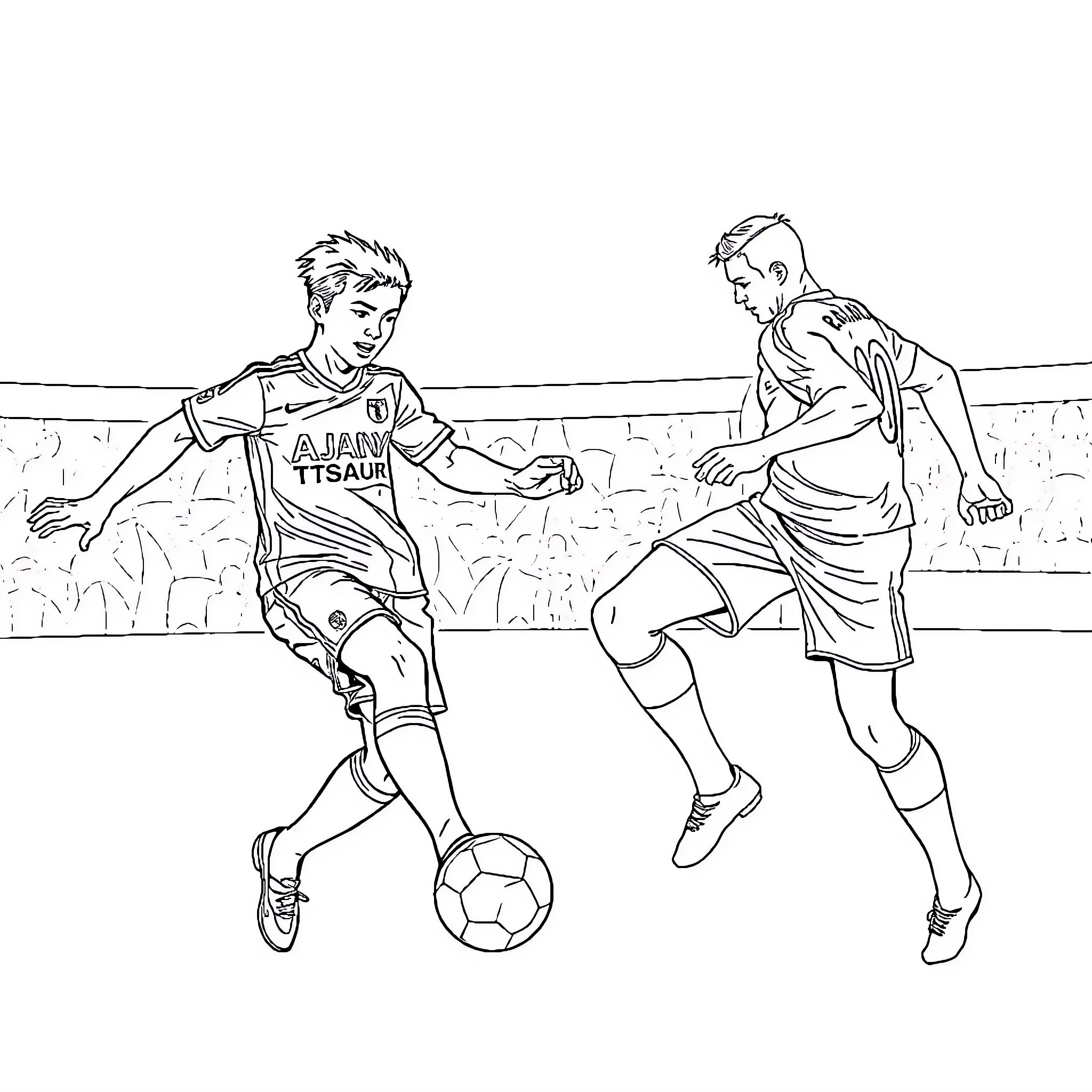 Football Players Competing in a Match Coloring Page (free black-and-white line drawing printable PDF for all, from beginners to advanced learners, including children, teens, adults, and seniors)
