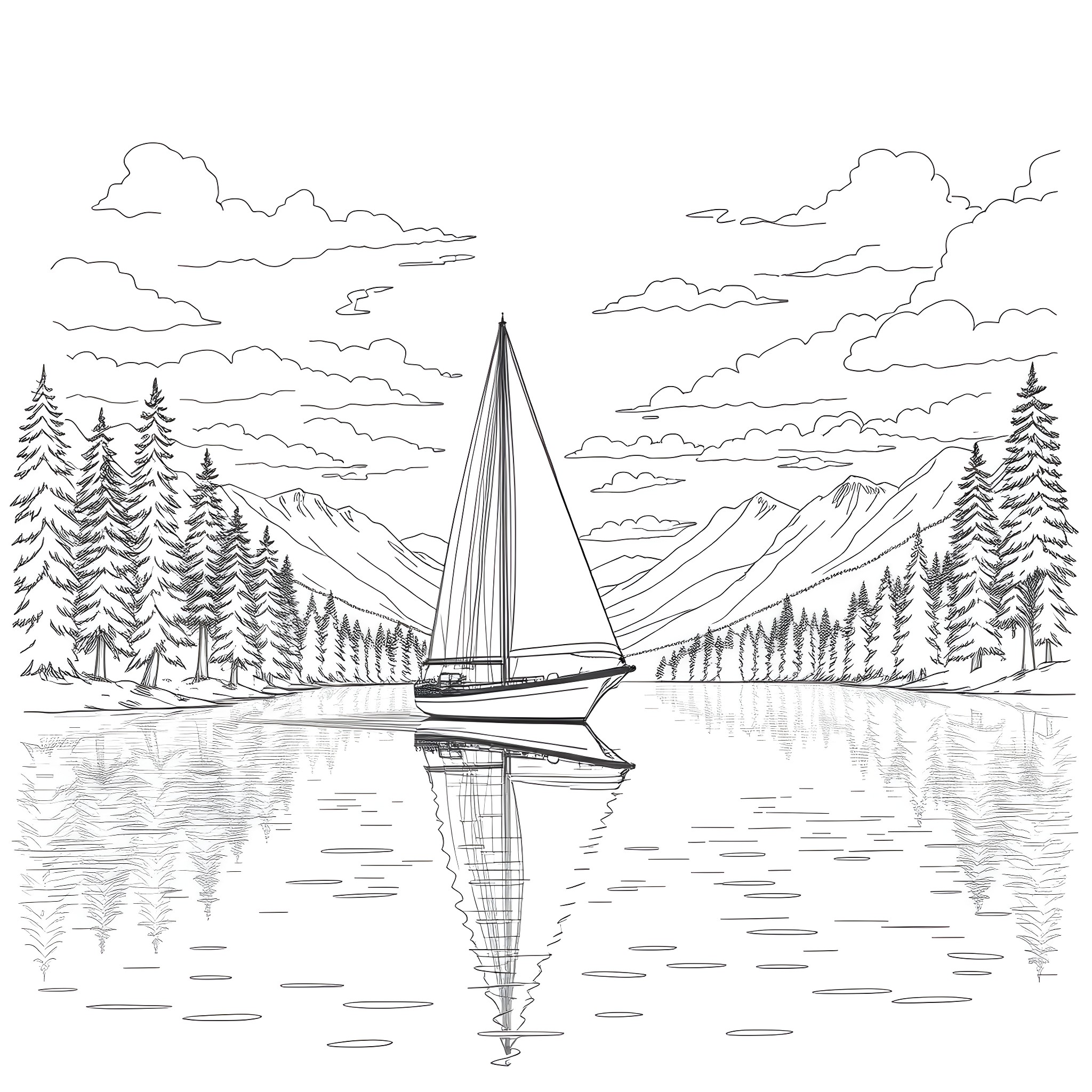 Schooner sailing on a serene mountain lake Coloring Page (free black-and-white line drawing printable PDF for all, from beginners to advanced learners, including children, teens, adults, and seniors)