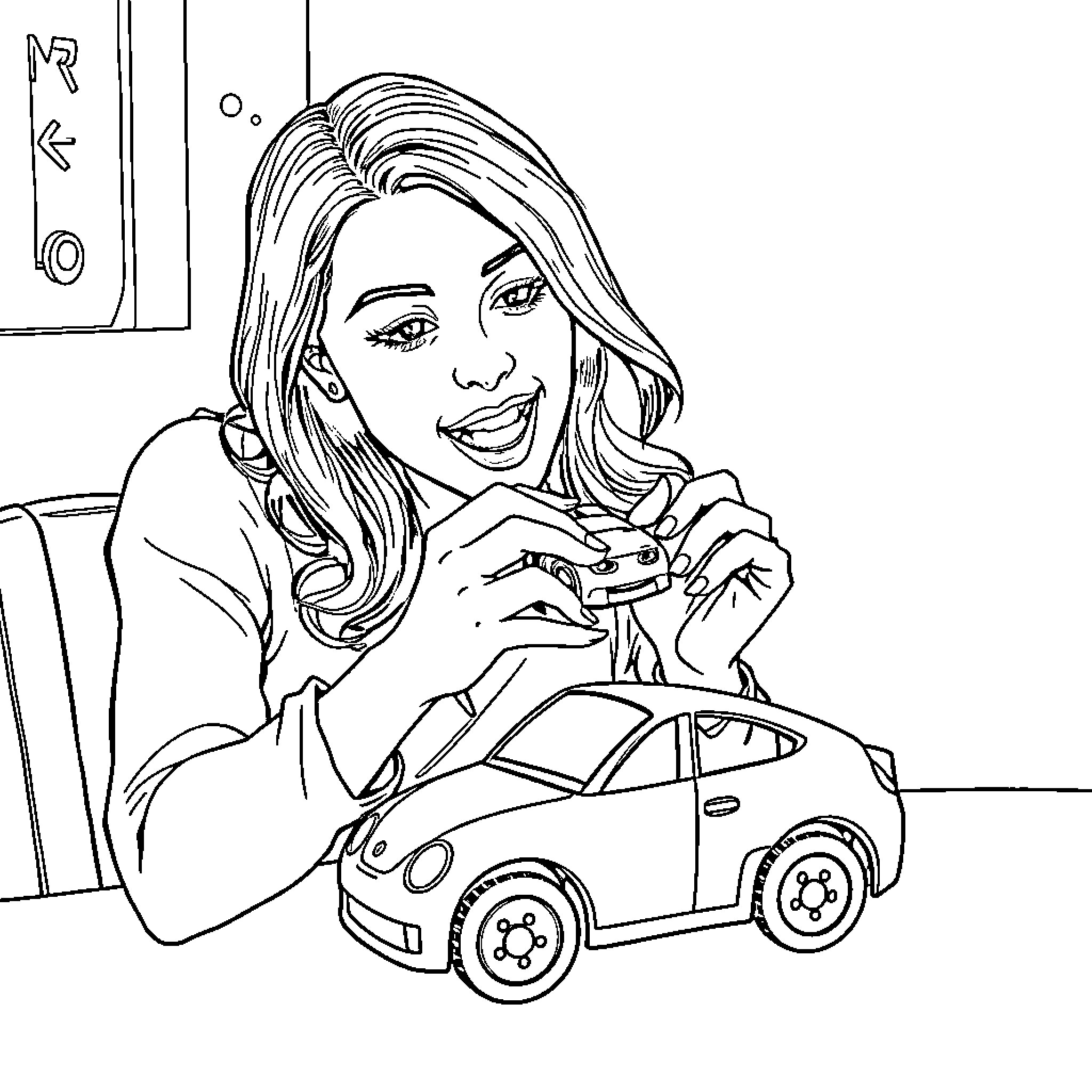 Woman posing with toy car in studio Coloring Page (free black-and-white line drawing printable PDF for all, from beginners to advanced learners, including children, teens, adults, and seniors)