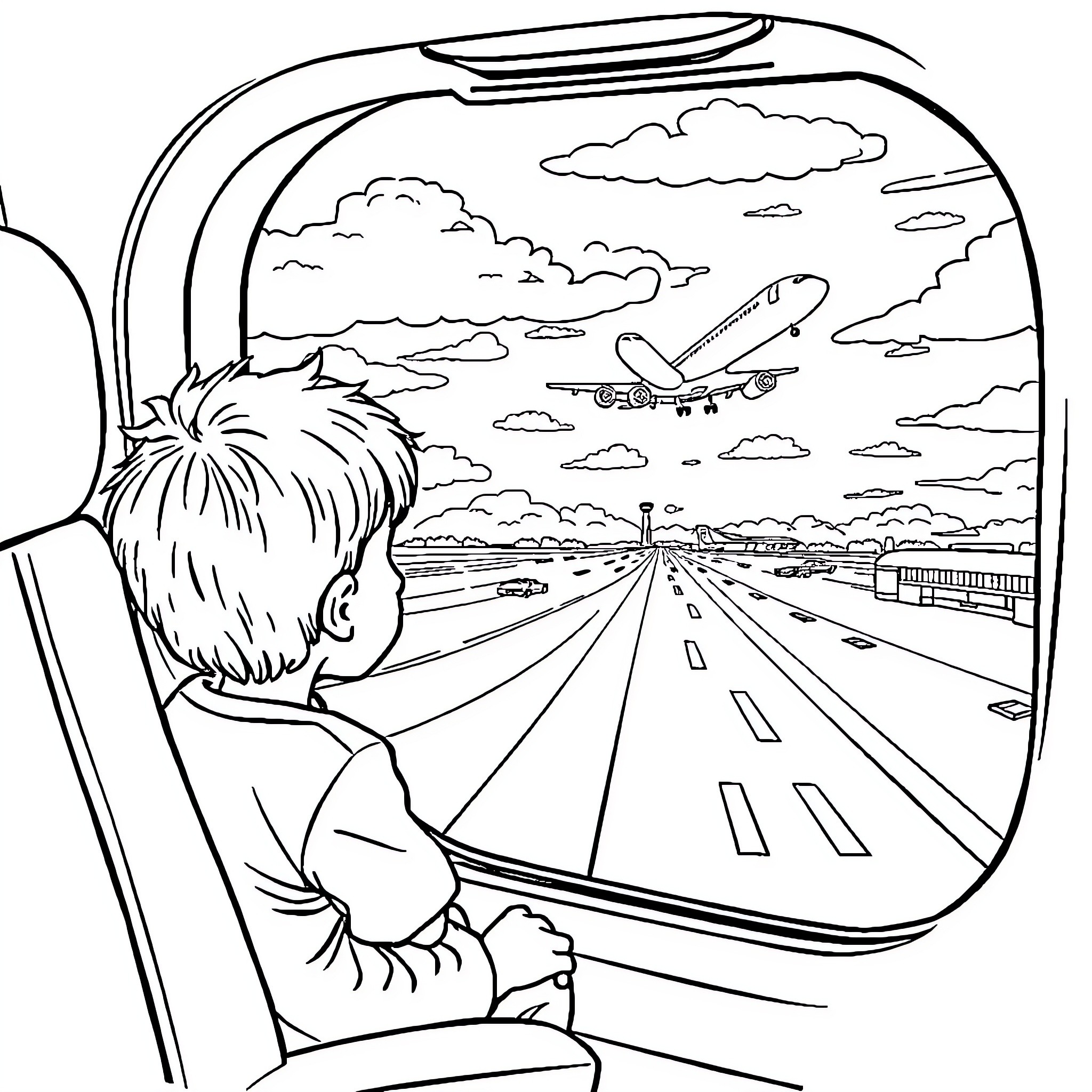 Kid looking out the airplane window Coloring Page (free black-and-white line drawing printable PDF for all, from beginners to advanced learners, including children, teens, adults, and seniors)