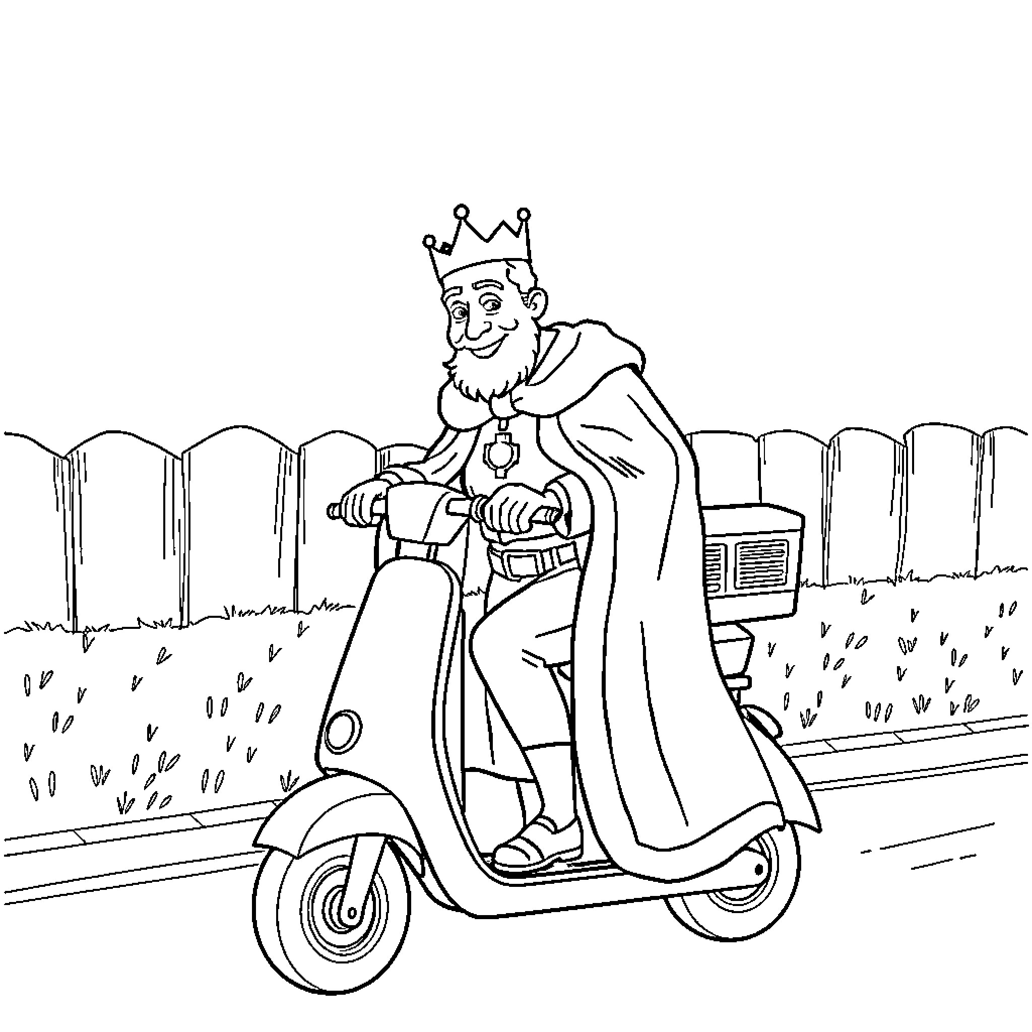 King Henry VIII Rides a Scooter in the Countryside Coloring Page (free black-and-white line drawing printable PDF for all, from beginners to advanced learners, including children, teens, adults, and seniors)