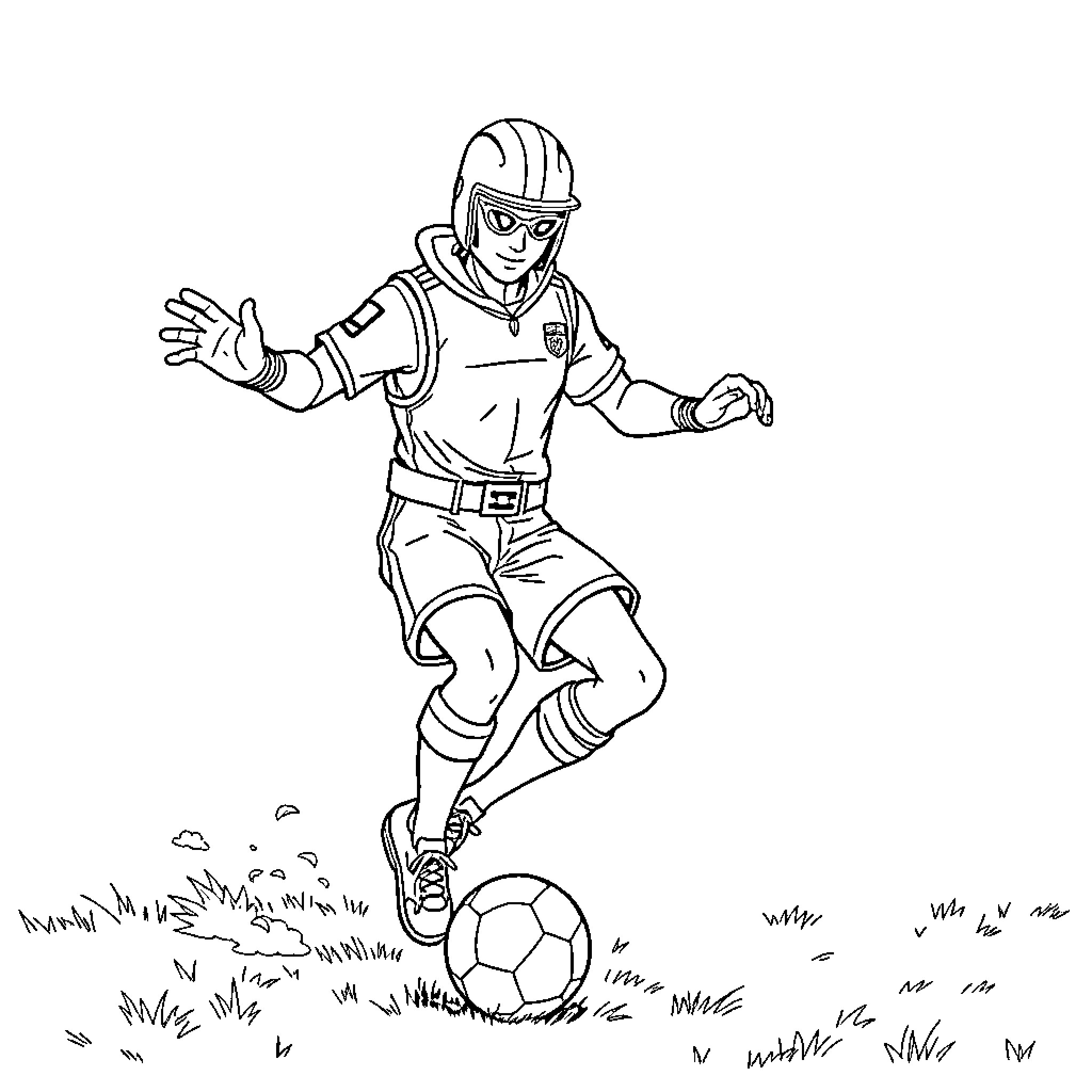 Fortnite Character Playing Soccer on Grass Field Coloring Page (free black-and-white line drawing printable PDF for all, from beginners to advanced learners, including children, teens, adults, and seniors)
