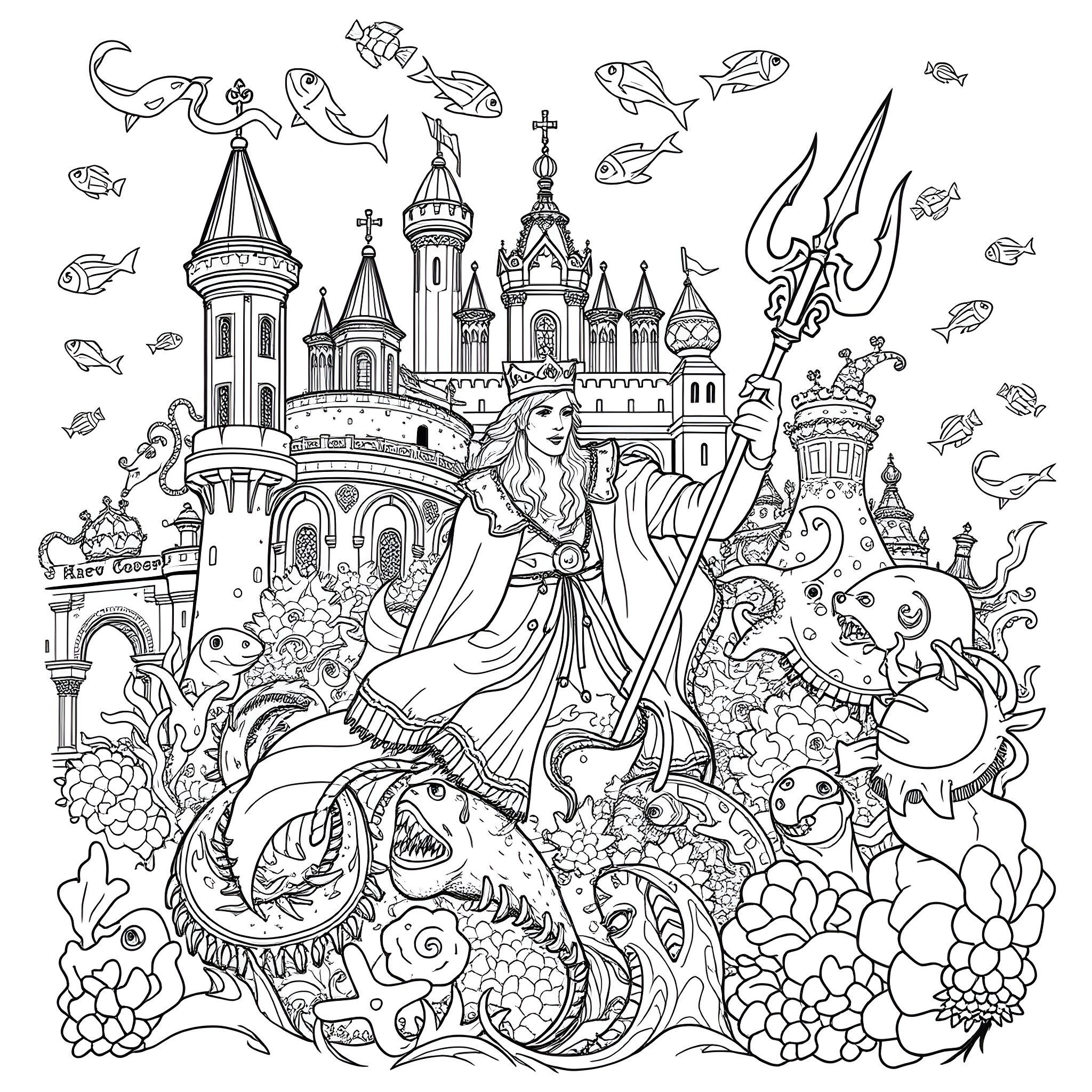 King Presides Over Whimsical Underwater Kingdom Coloring Page (free black-and-white line drawing printable PDF for all, from beginners to advanced learners, including children, teens, adults, and seniors)