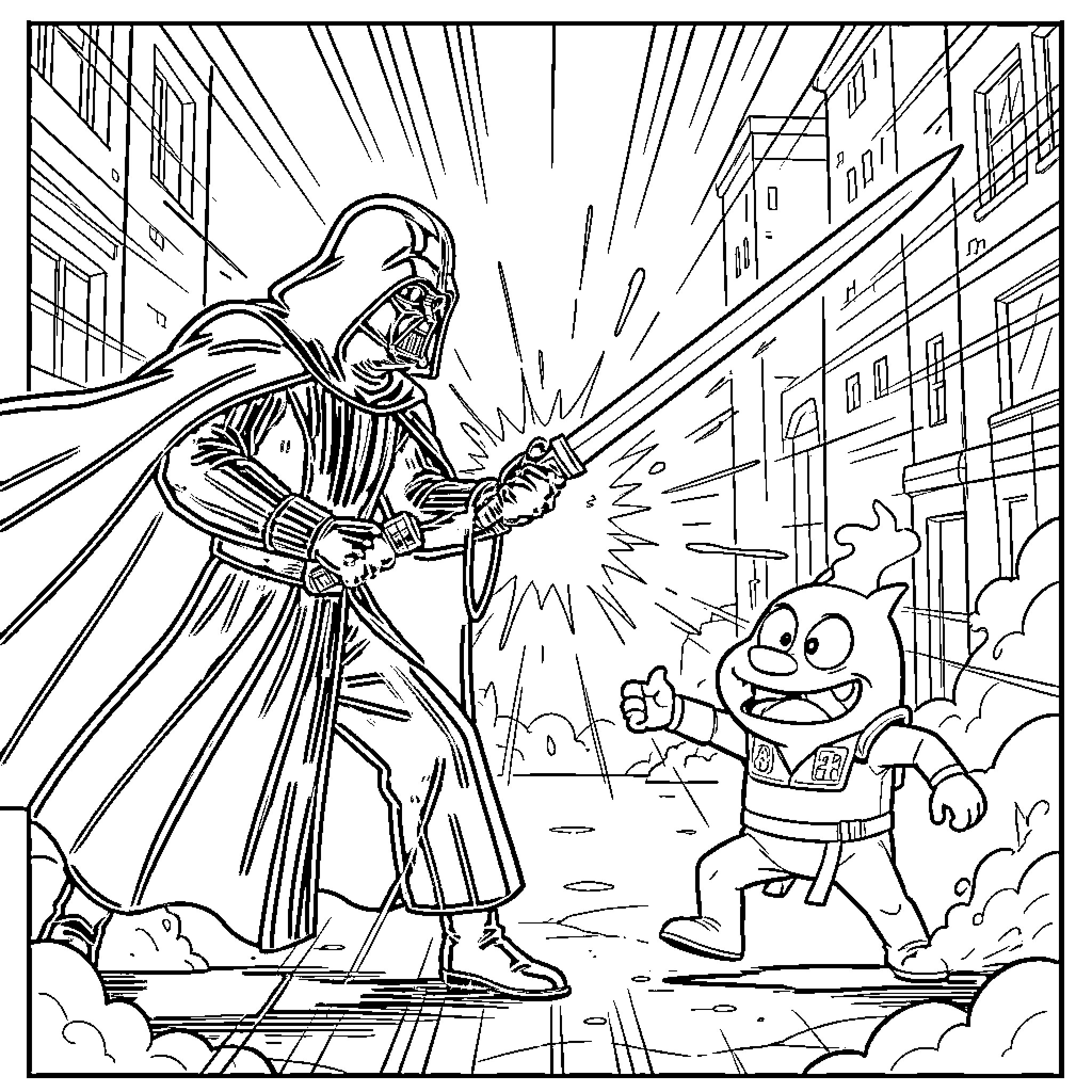 Darth Vader confronts a comical character in a chaotic scene Coloring Page (free black-and-white line drawing printable PDF for all, from beginners to advanced learners, including children, teens, adults, and seniors)