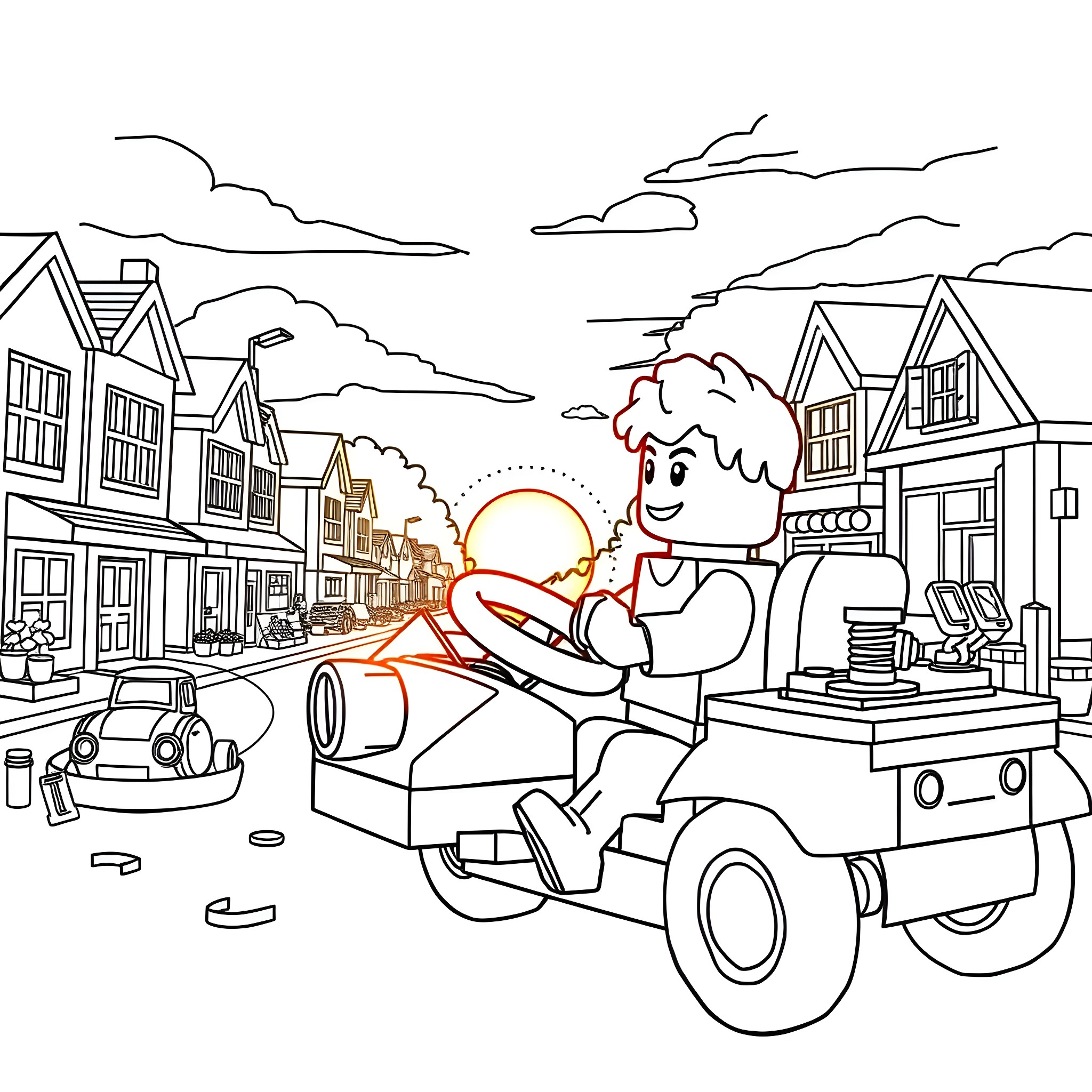 LEGO Minifigure driving car in a town Coloring Page (free black-and-white line drawing printable PDF for all, from beginners to advanced learners, including children, teens, adults, and seniors)