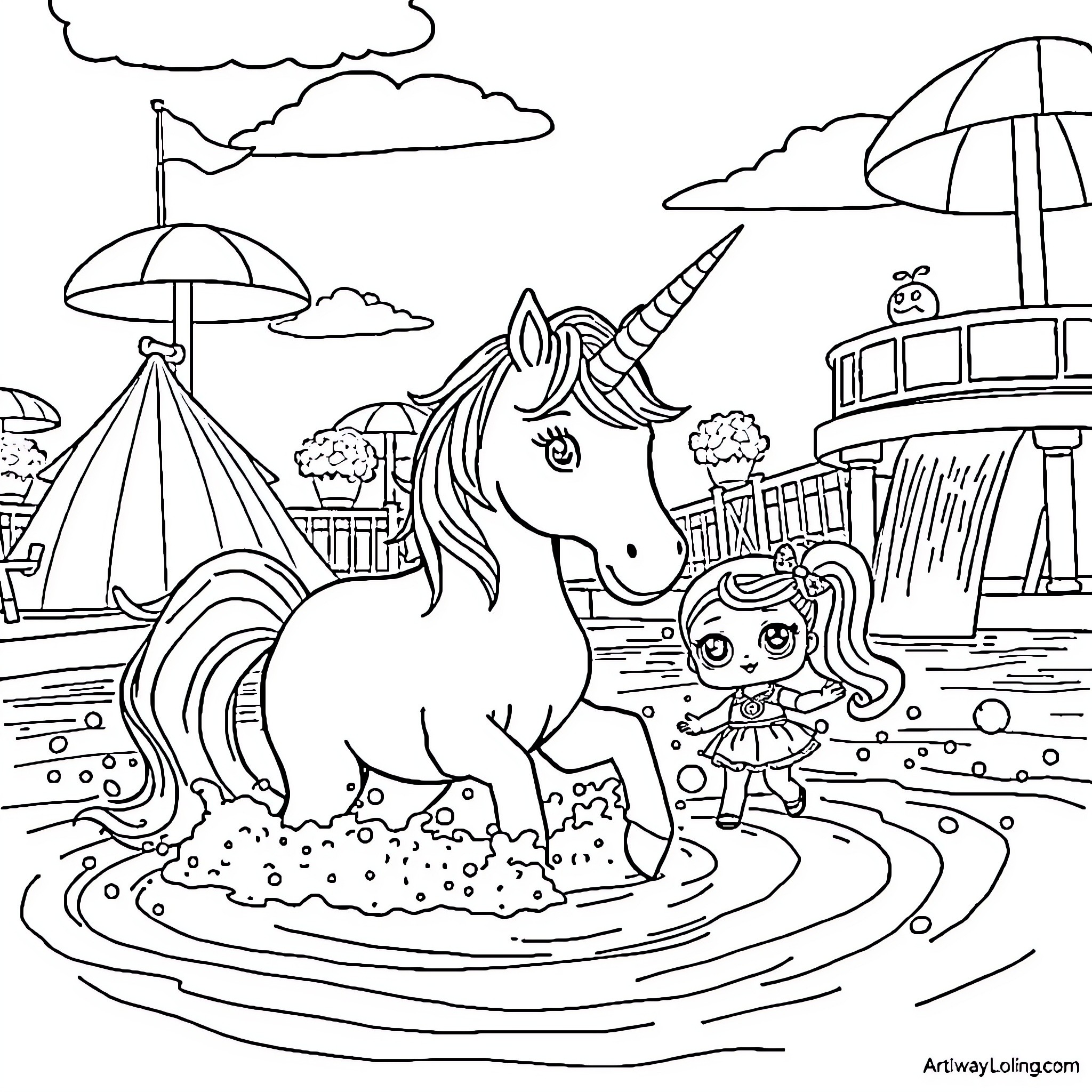Unicorn enjoying a whimsical carnival scene Coloring Page (free black-and-white line drawing printable PDF for all, from beginners to advanced learners, including children, teens, adults, and seniors)