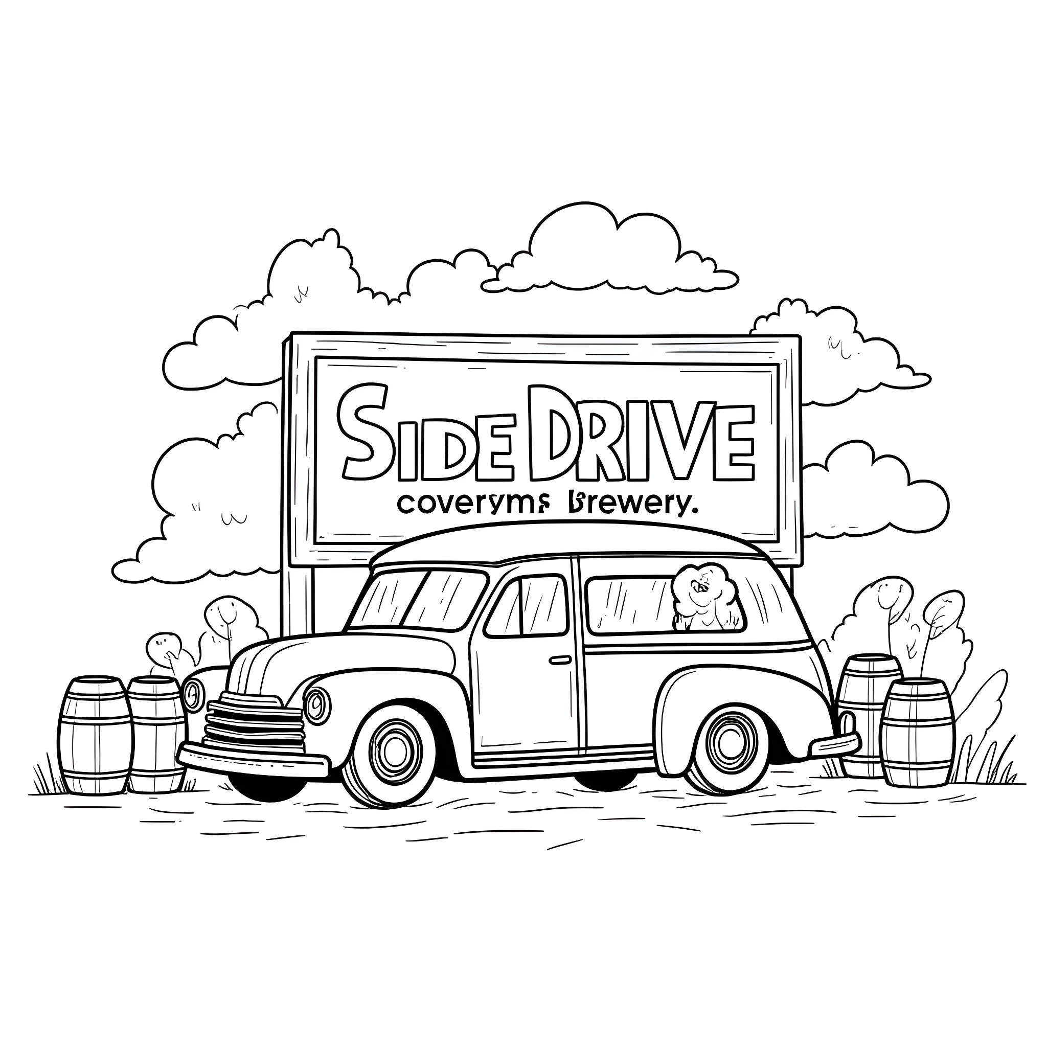 Brewery's Side Drive with Vintage Truck and Barrels Coloring Page (free black-and-white line drawing printable PDF for all, from beginners to advanced learners, including children, teens, adults, and seniors)
