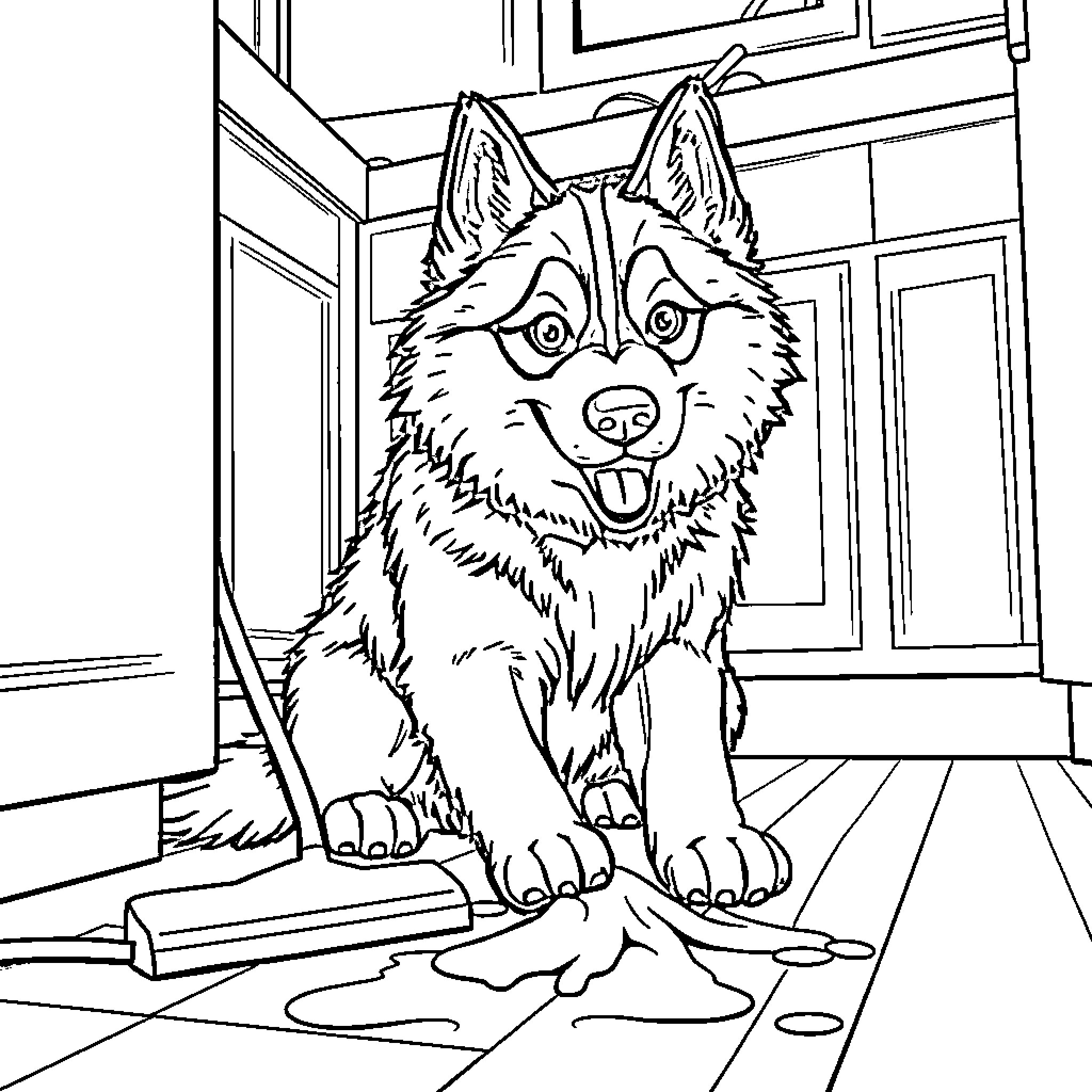 Husky dog enjoying a day outdoors Coloring Page (free black-and-white line drawing printable PDF for all, from beginners to advanced learners, including children, teens, adults, and seniors)