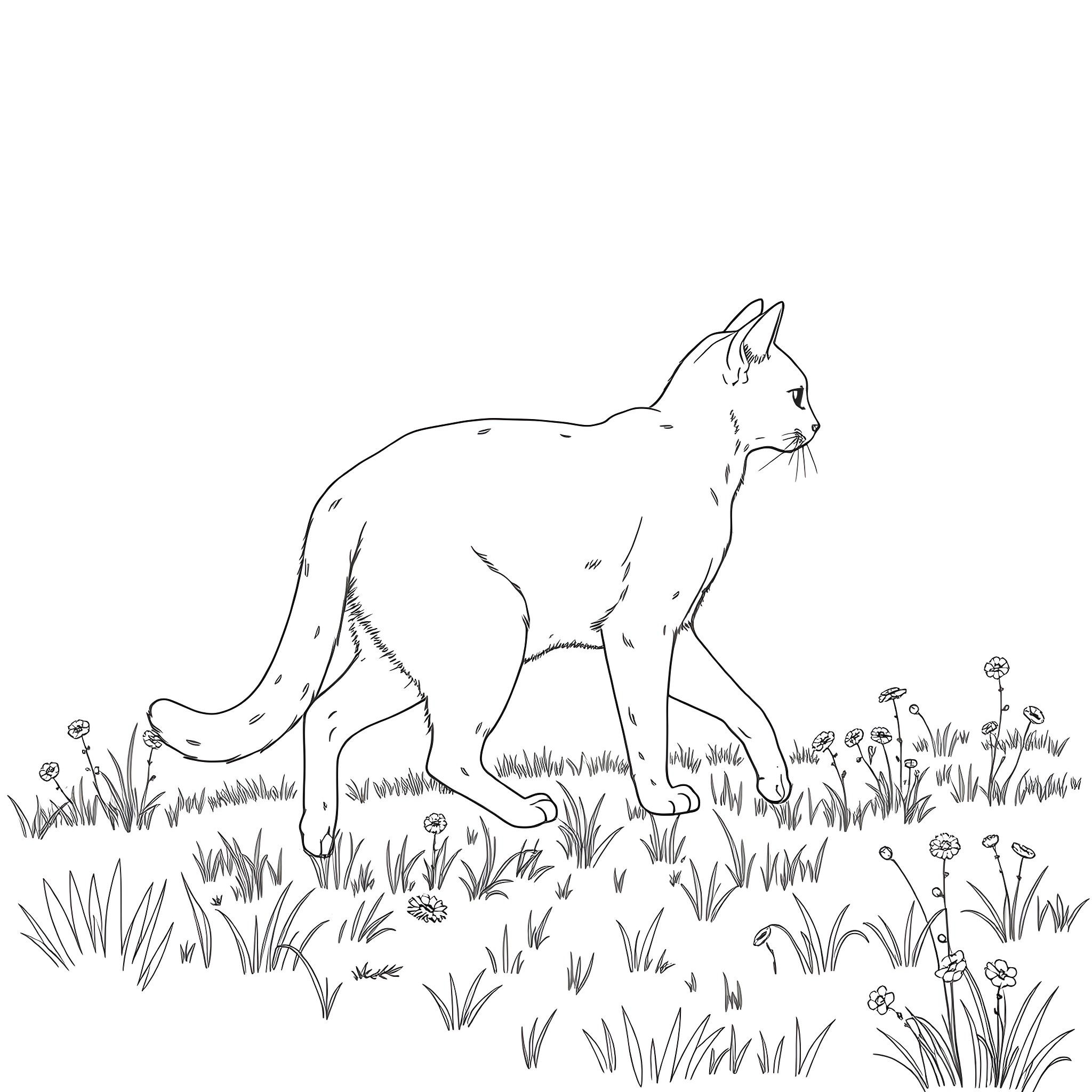 Cat in the Grassy Field Coloring Page (free black-and-white line drawing printable PDF for all, from beginners to advanced learners, including children, teens, adults, and seniors)