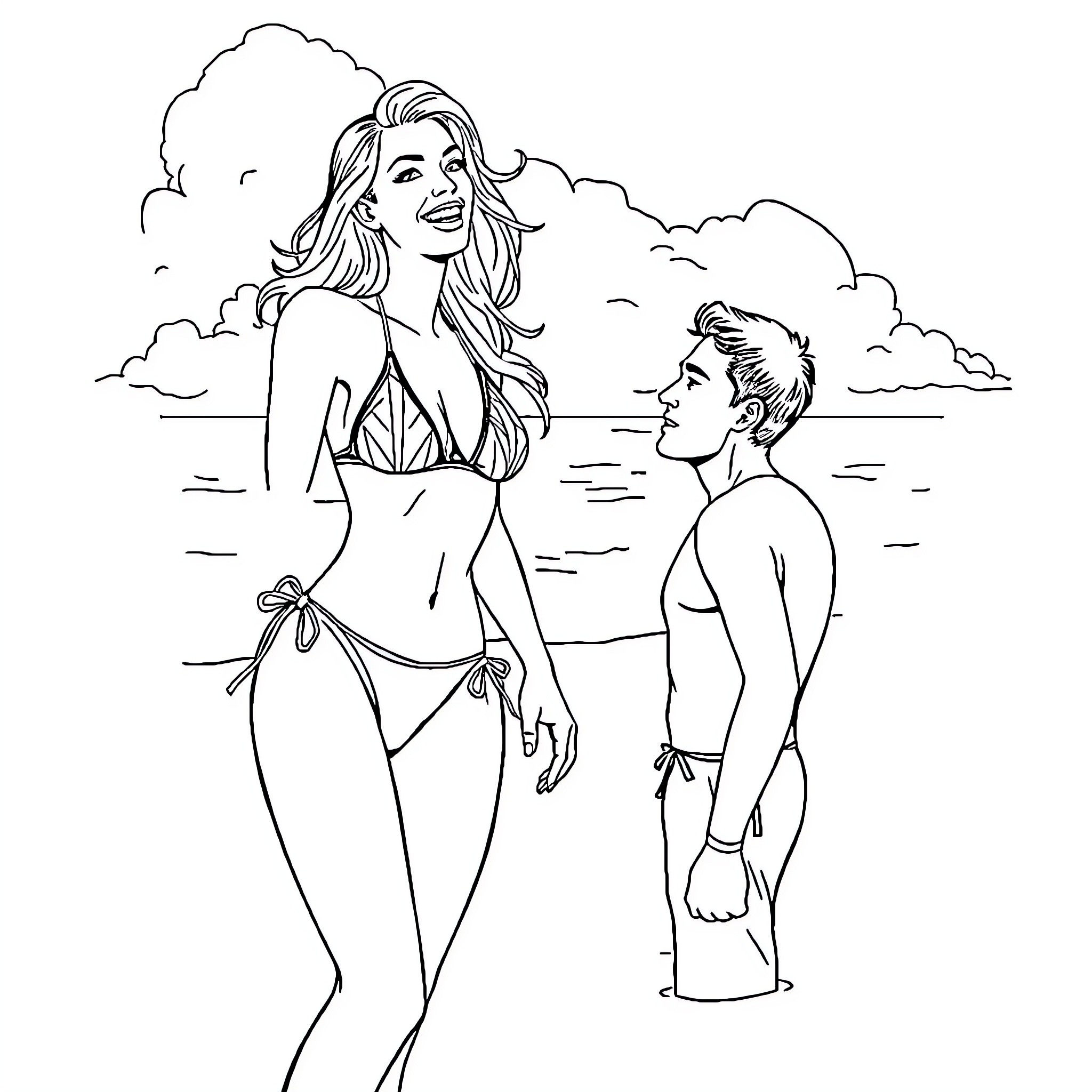 Woman in swimsuit interacting with a young man on the beach Coloring Page (free black-and-white line drawing printable PDF for all, from beginners to advanced learners, including children, teens, adults, and seniors)