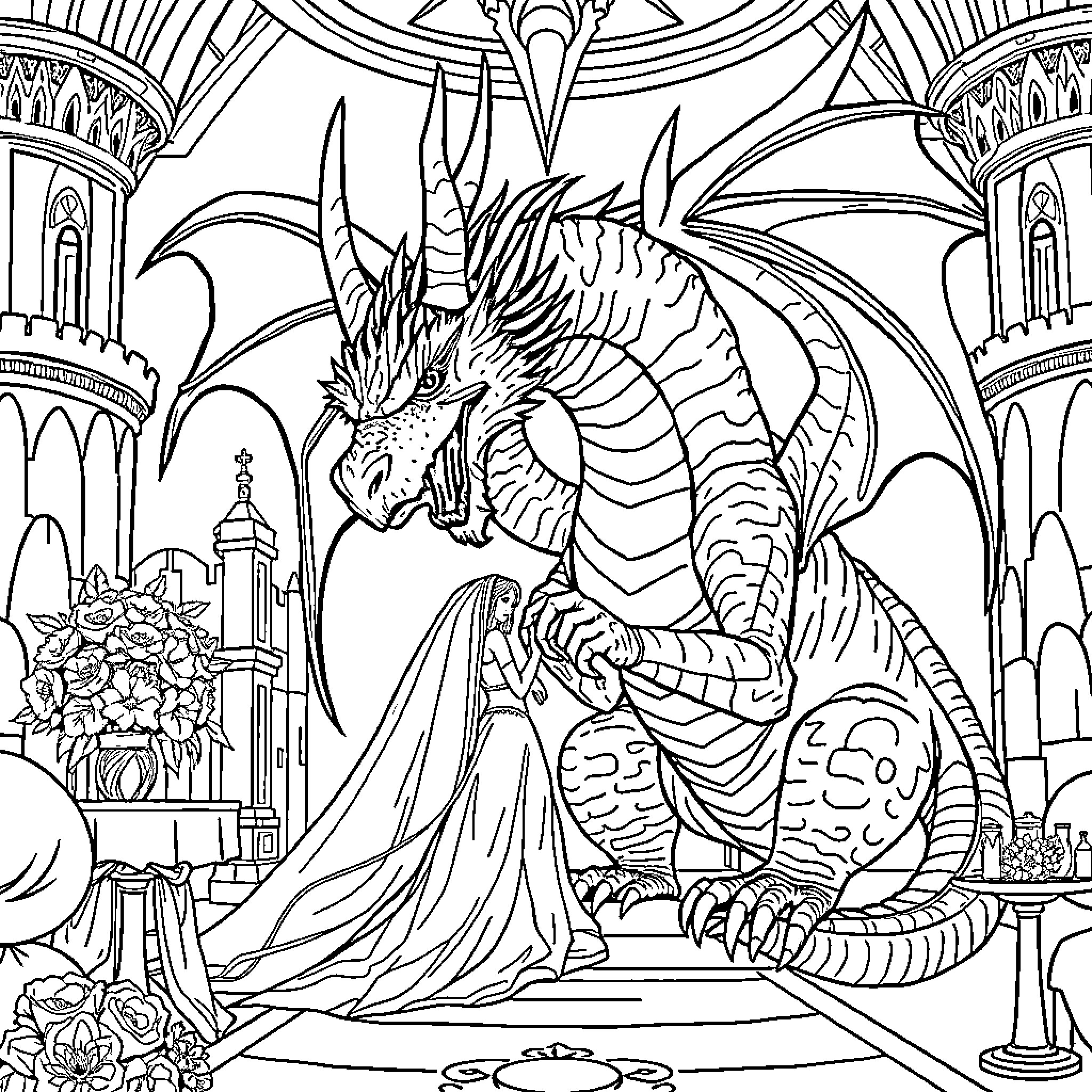 Dragon's majestic presence in a fantastical castle setting Coloring Page (free black-and-white line drawing printable PDF for all, from beginners to advanced learners, including children, teens, adults, and seniors)