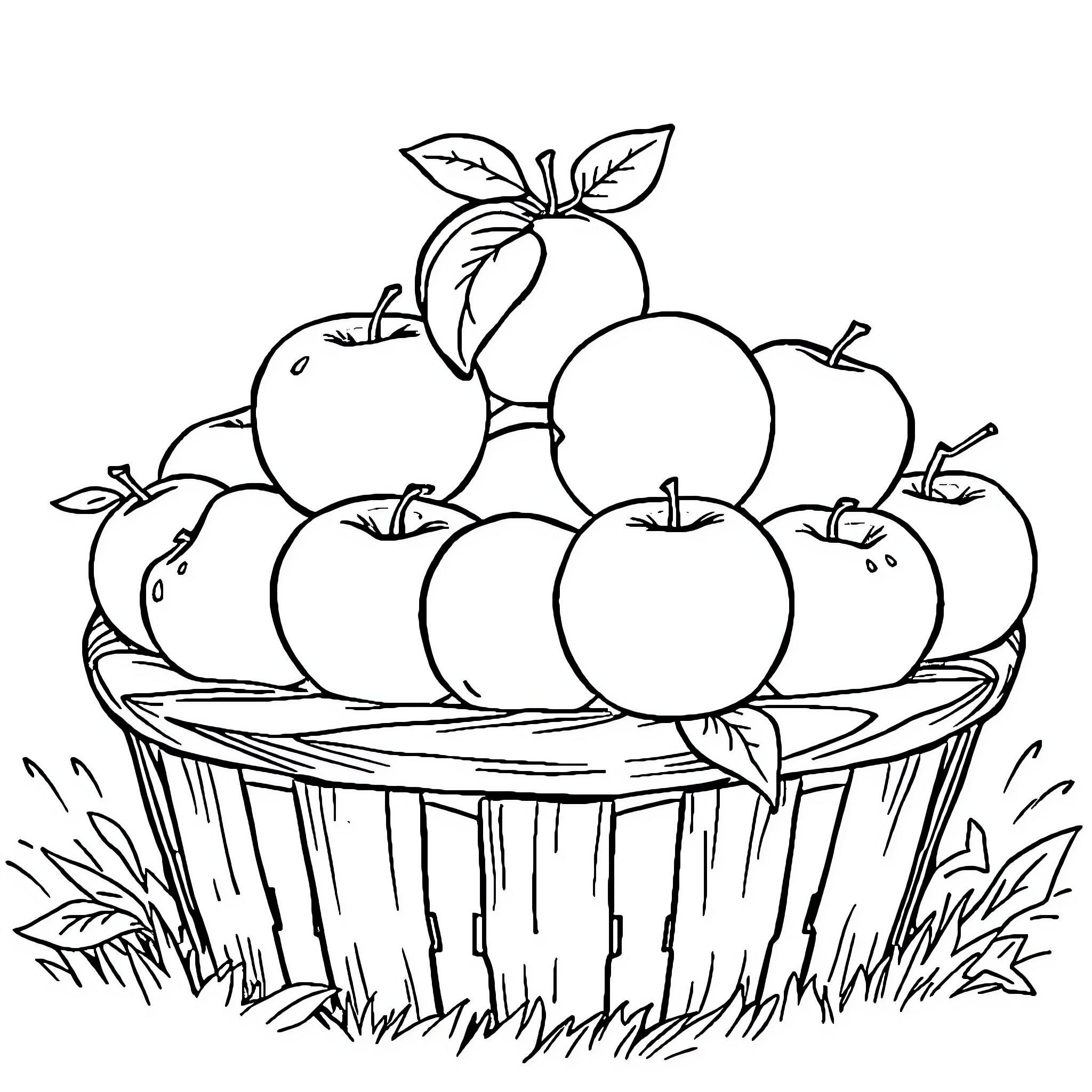 Apple Basket with Freshly Picked Fruit Coloring Page (free black-and-white line drawing printable PDF for all, from beginners to advanced learners, including children, teens, adults, and seniors)