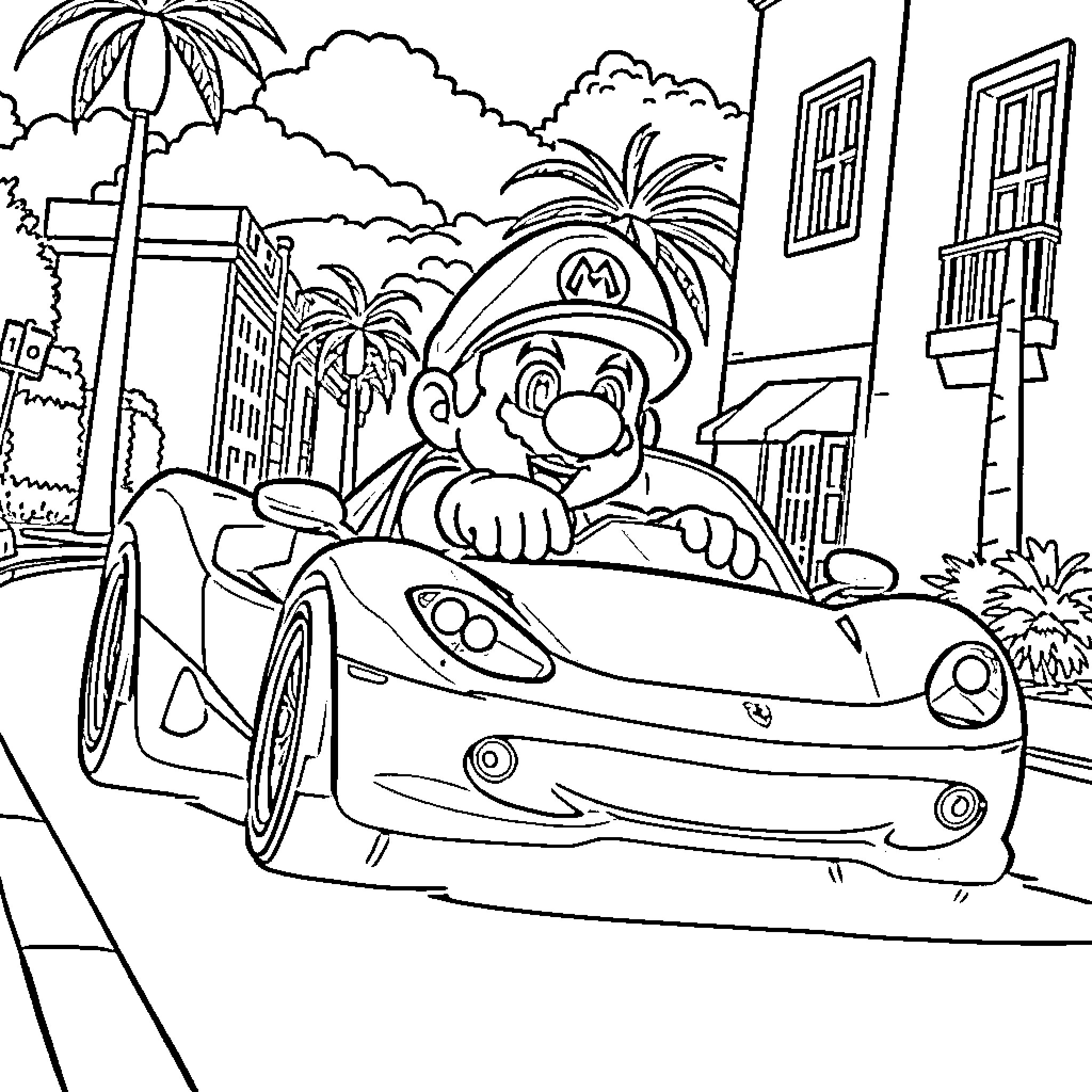 Mario's Exciting Car Adventure in the City Coloring Page (free black-and-white line drawing printable PDF for all, from beginners to advanced learners, including children, teens, adults, and seniors)