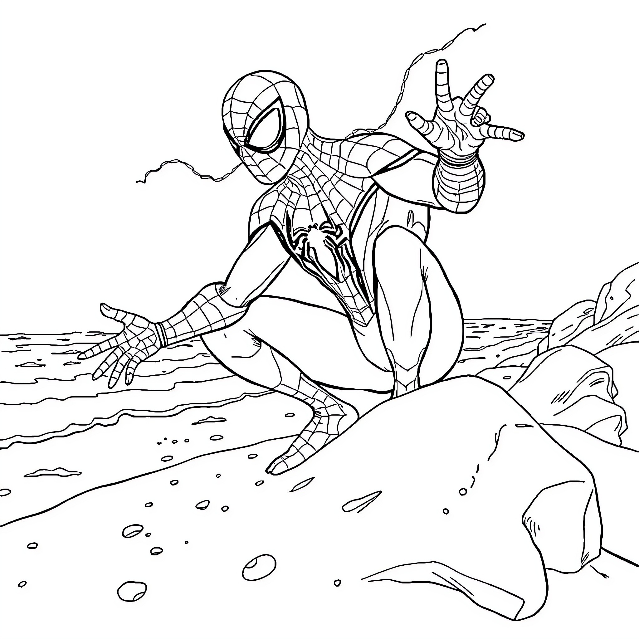 Spiderman swinging above the city landscape Coloring Page (free black-and-white line drawing printable PDF for all, from beginners to advanced learners, including children, teens, adults, and seniors)