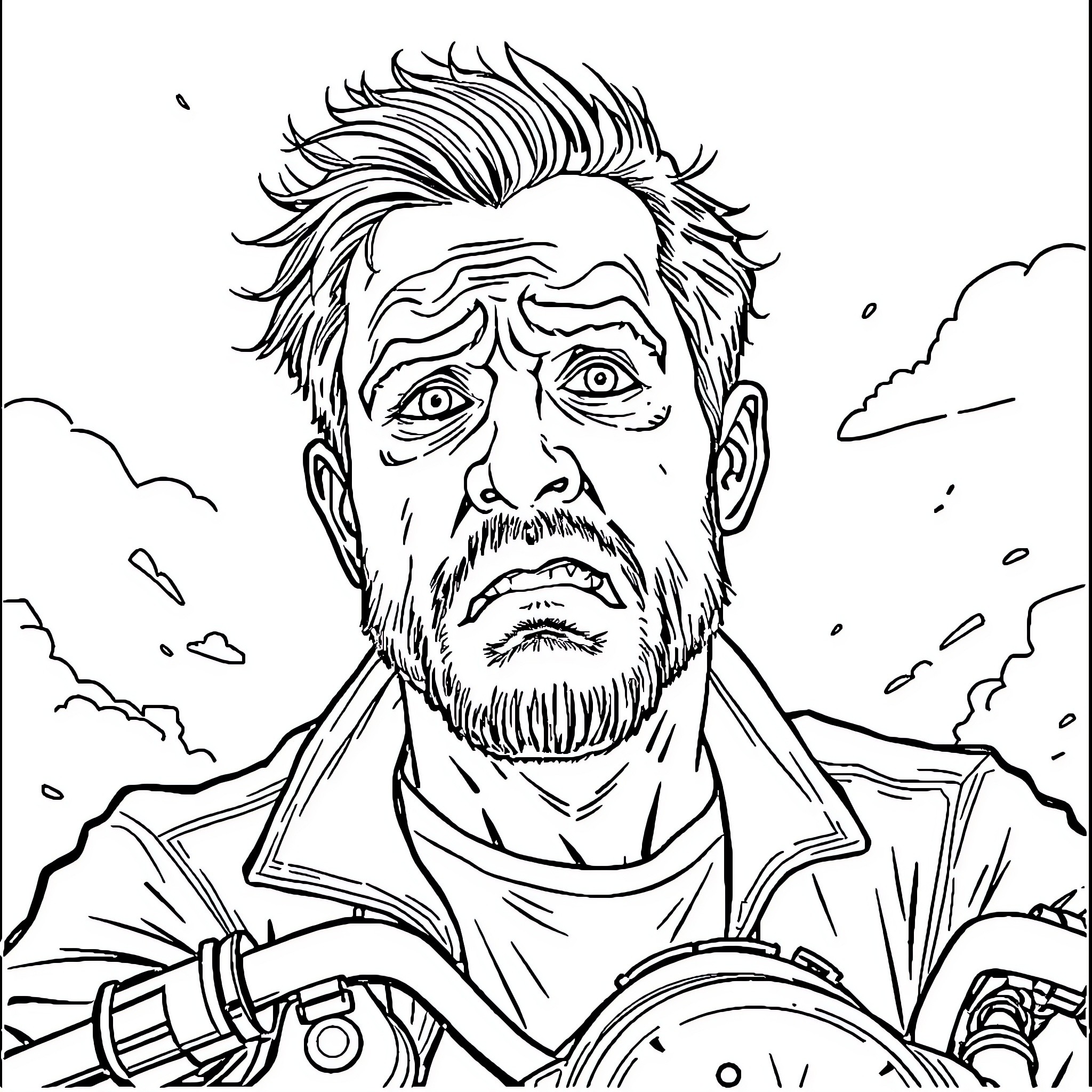 Man in distress and holding weapons in stormy landscape Coloring Page (free black-and-white line drawing printable PDF for all, from beginners to advanced learners, including children, teens, adults, and seniors)