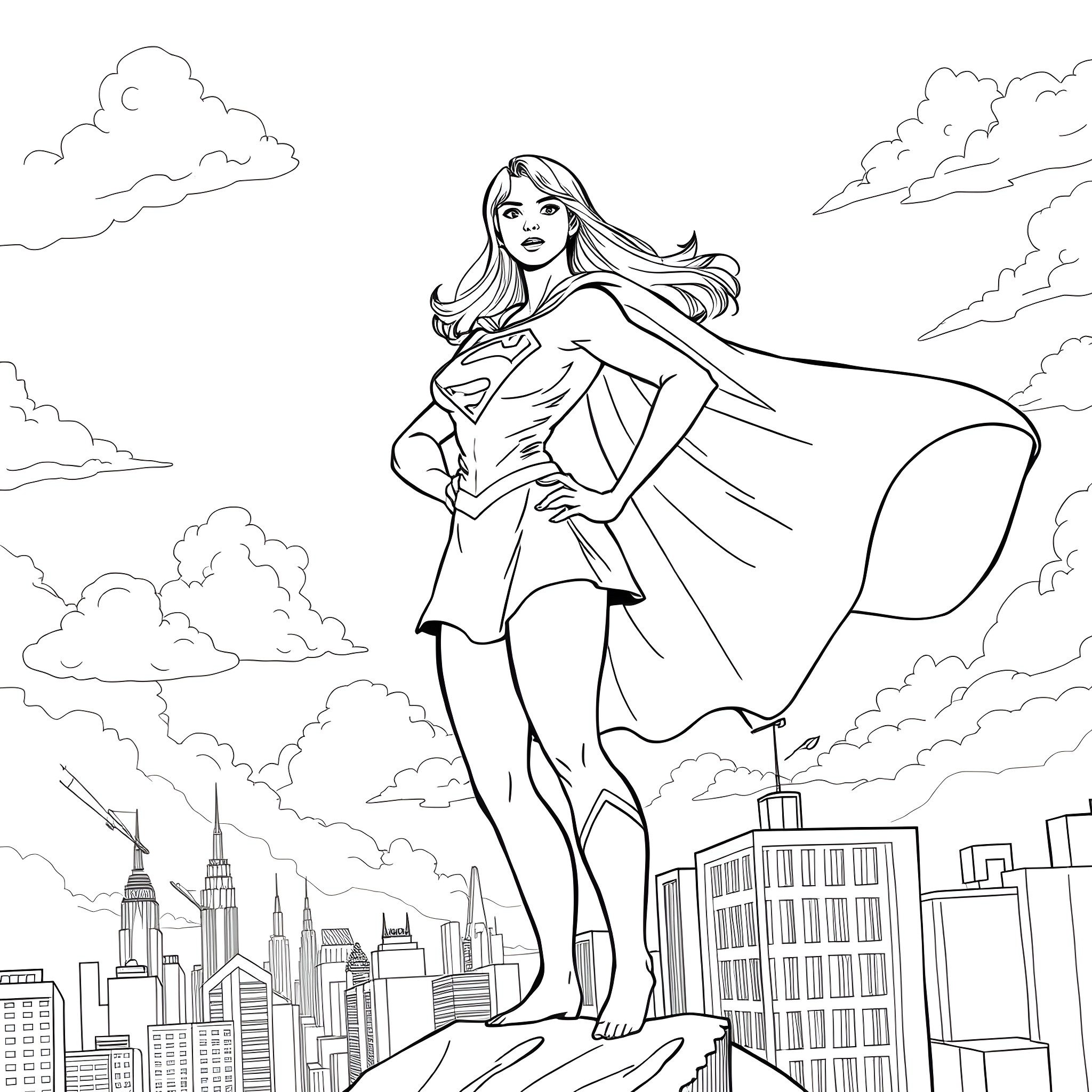 Supergirl soaring over the city skyline Coloring Page (free black-and-white line drawing printable PDF for all, from beginners to advanced learners, including children, teens, adults, and seniors)