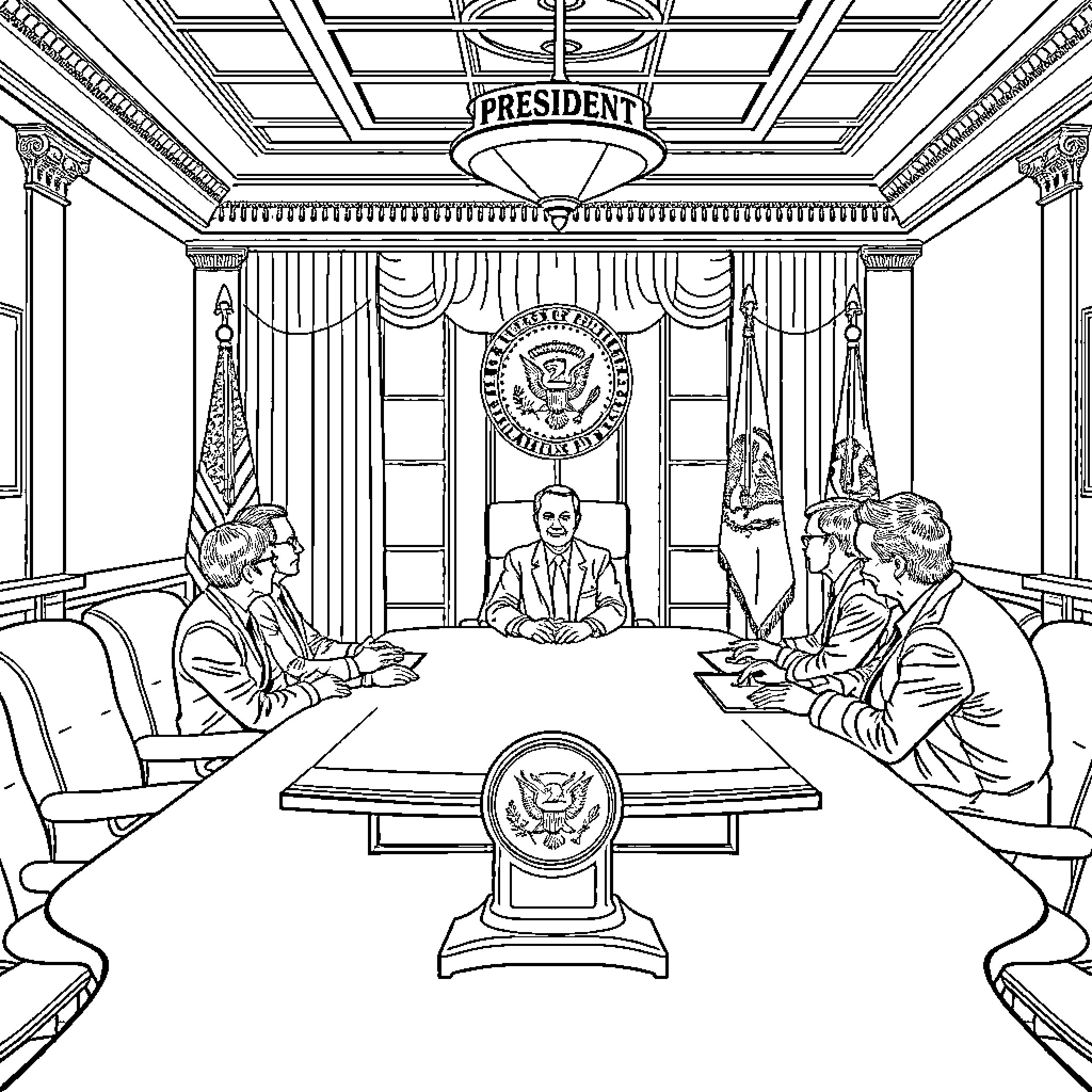 President in Formal Discussion with Advisors Coloring Page (free black-and-white line drawing printable PDF for all, from beginners to advanced learners, including children, teens, adults, and seniors)