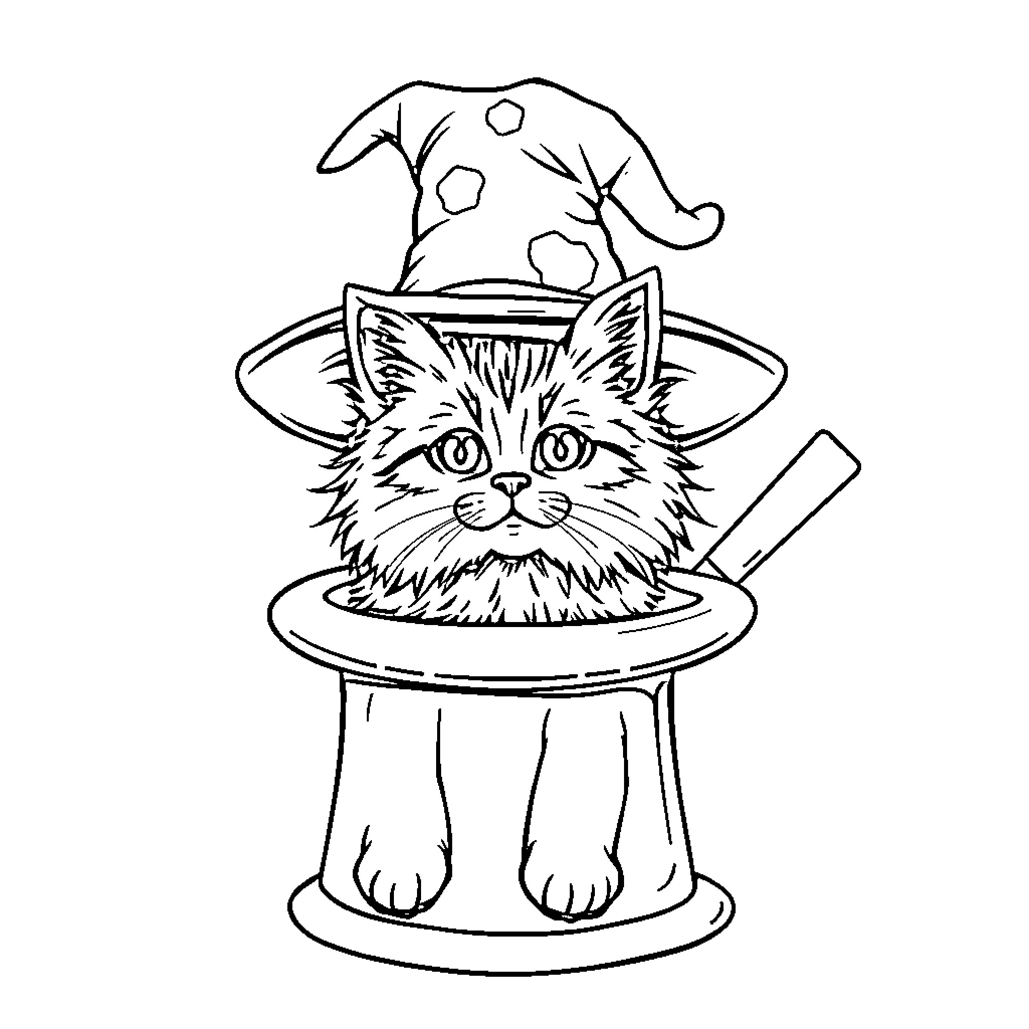 Cat in a Wizard's Hat Coloring Page (free black-and-white line drawing printable PDF for all, from beginners to advanced learners, including children, teens, adults, and seniors)