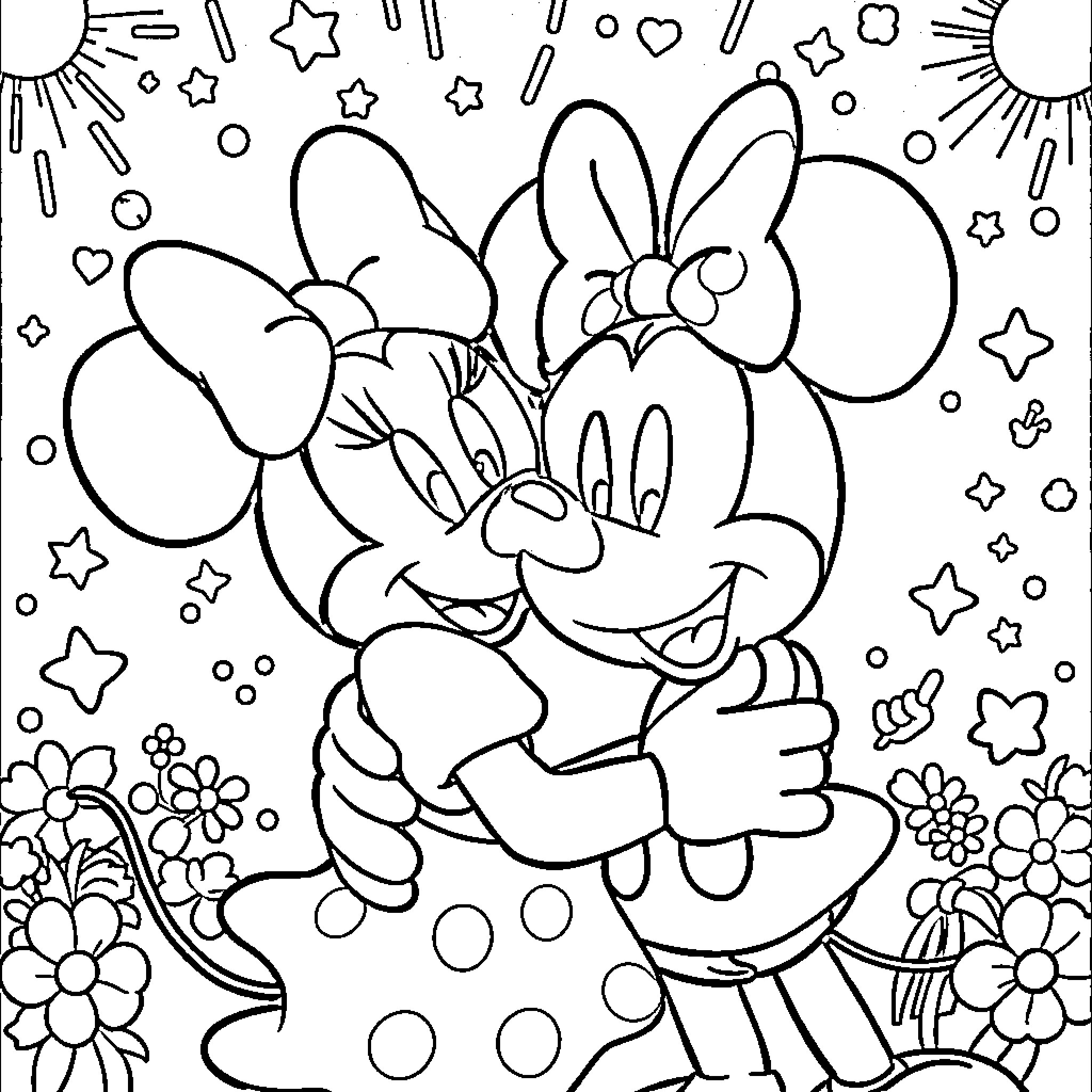 Minnie expressing joy in a whimsical scene Coloring Page (free black-and-white line drawing printable PDF for all, from beginners to advanced learners, including children, teens, adults, and seniors)