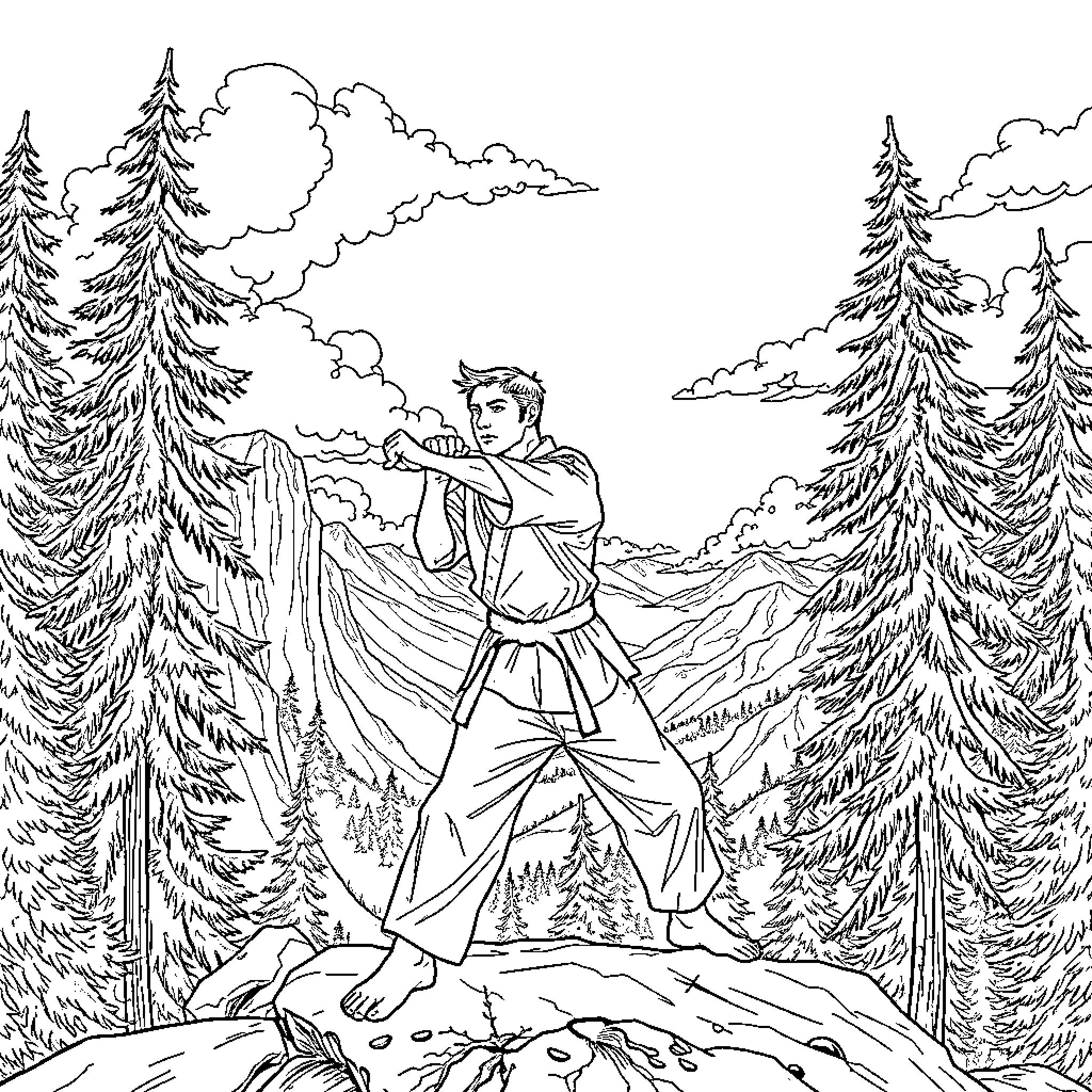 Karate Guy Performing Martial Arts Techniques in Mountain Forest Coloring Page (free black-and-white line drawing printable PDF for all, from beginners to advanced learners, including children, teens, adults, and seniors)